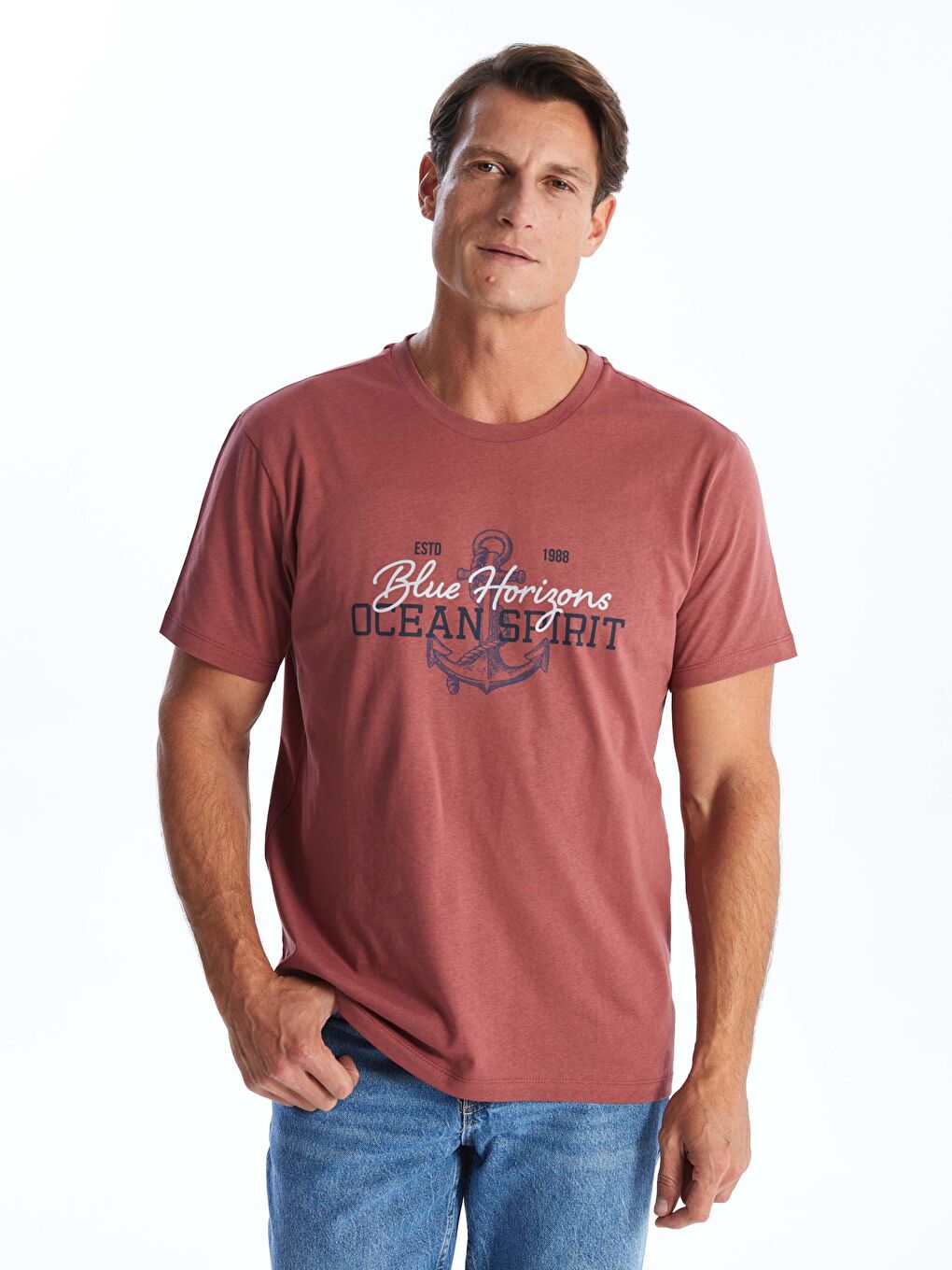 Pembe Bisiklet Yaka Kısa Kollu Baskılı Penye Erkek Tişört