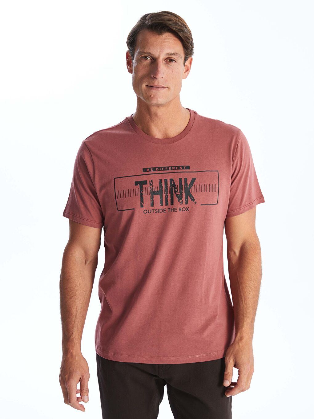 Pembe Bisiklet Yaka Kısa Kollu Baskılı Penye Erkek Tişört