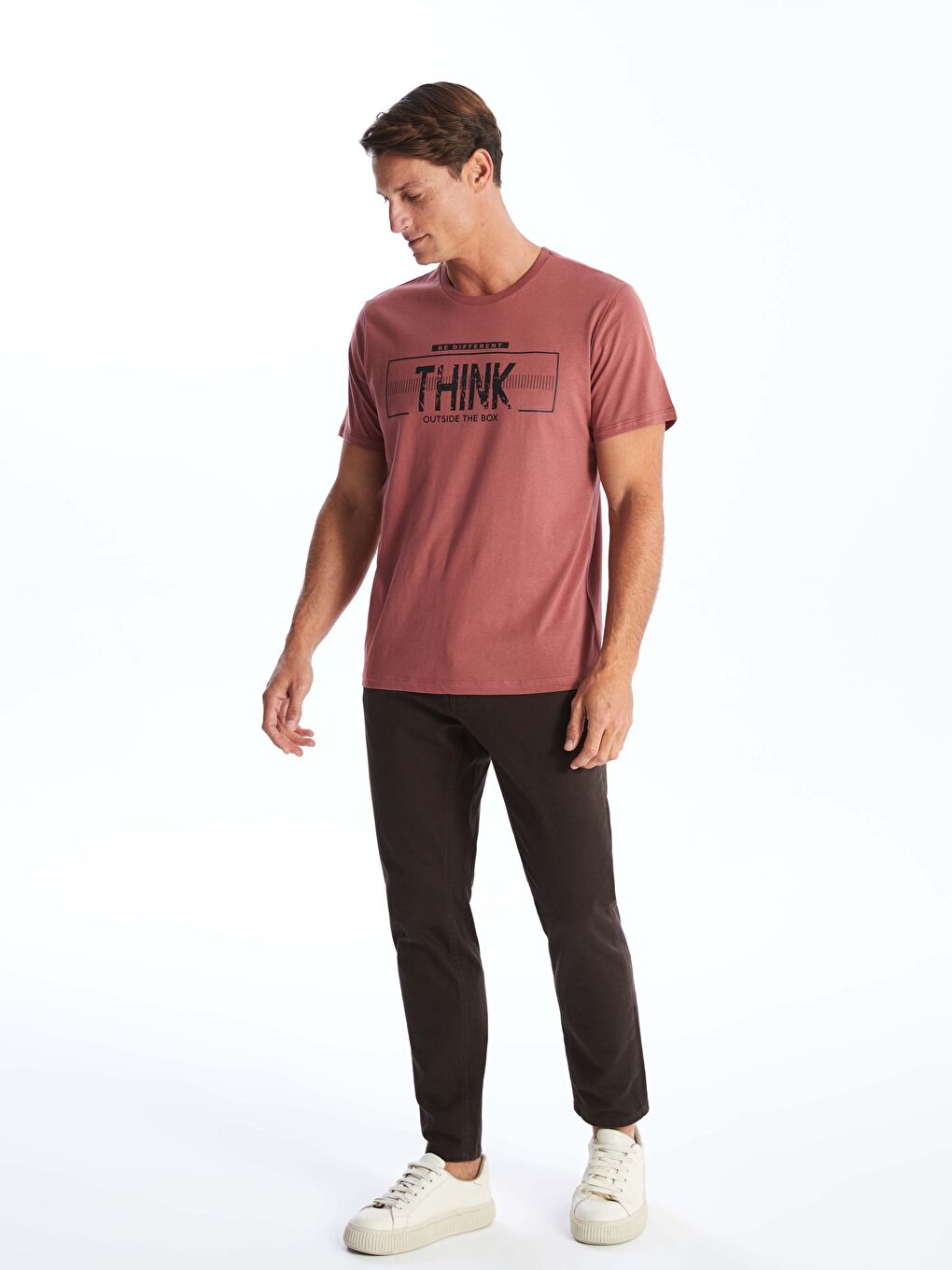 Pembe Bisiklet Yaka Kısa Kollu Baskılı Penye Erkek Tişört-2