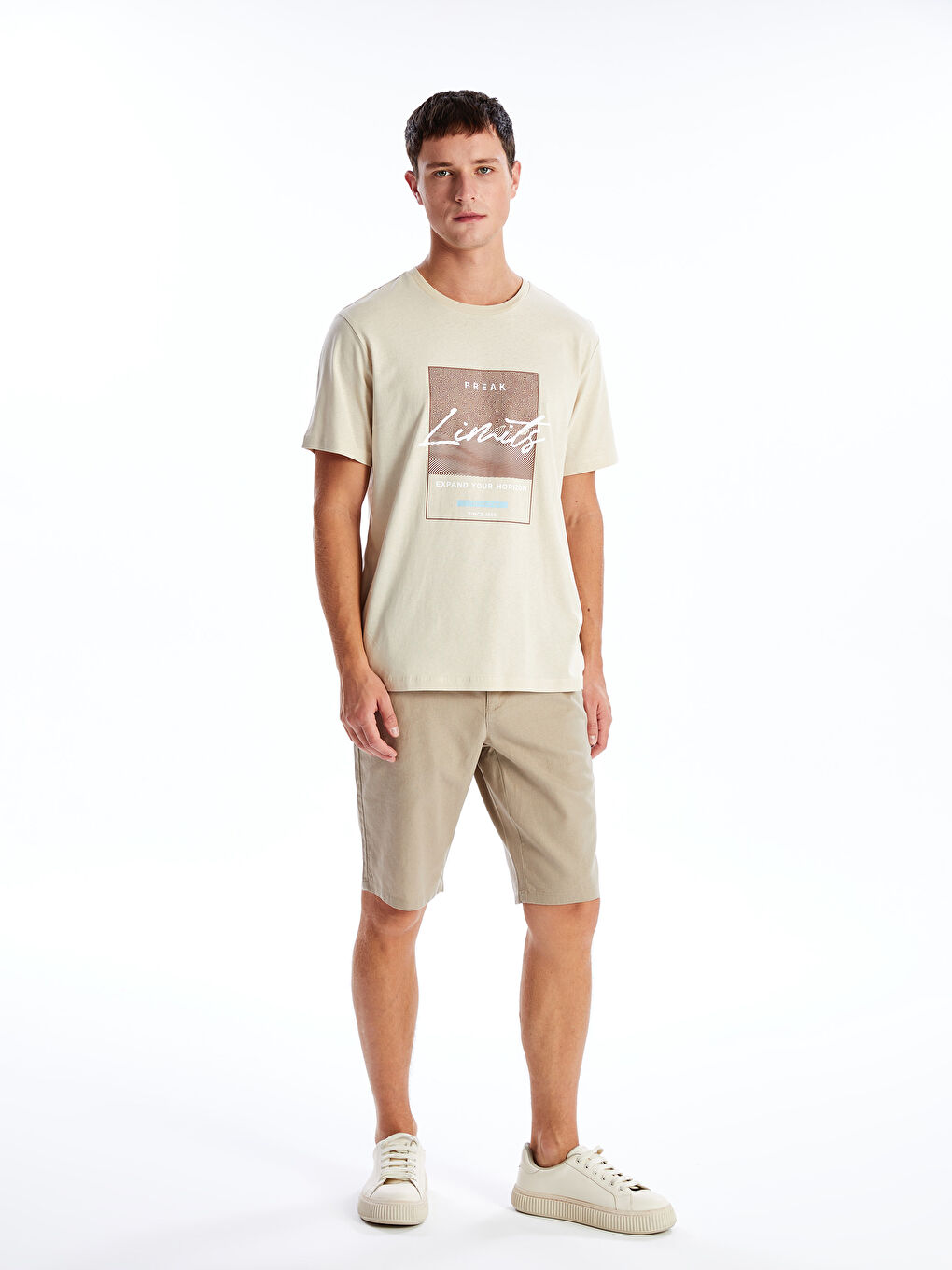 Bej Bisiklet Yaka Kısa Kollu Baskılı Penye Erkek Tişört-2