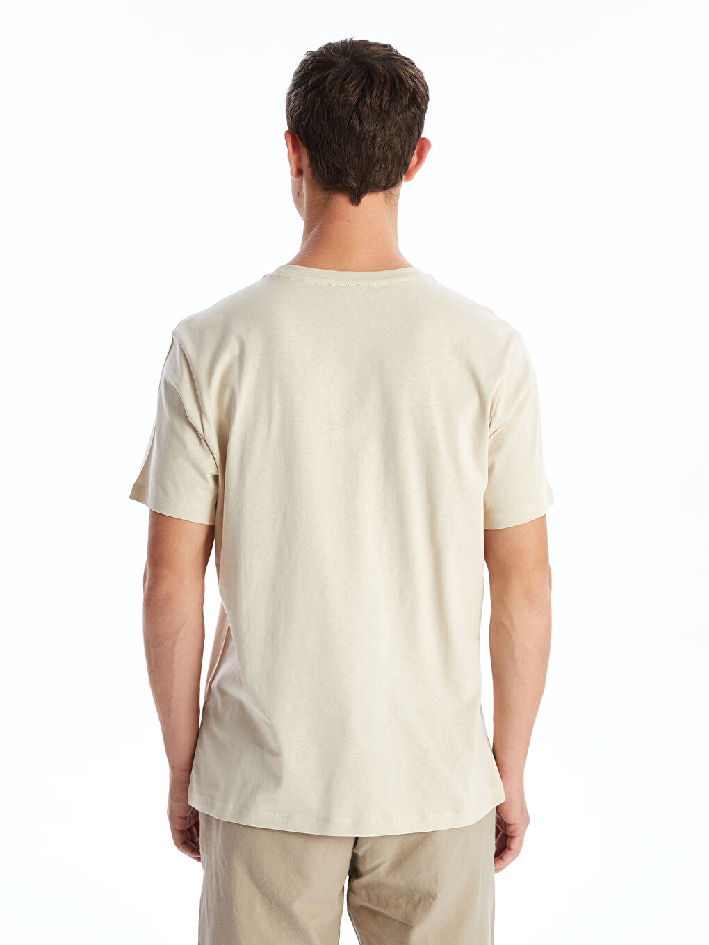 Bej Bisiklet Yaka Kısa Kollu Baskılı Penye Erkek Tişört-4