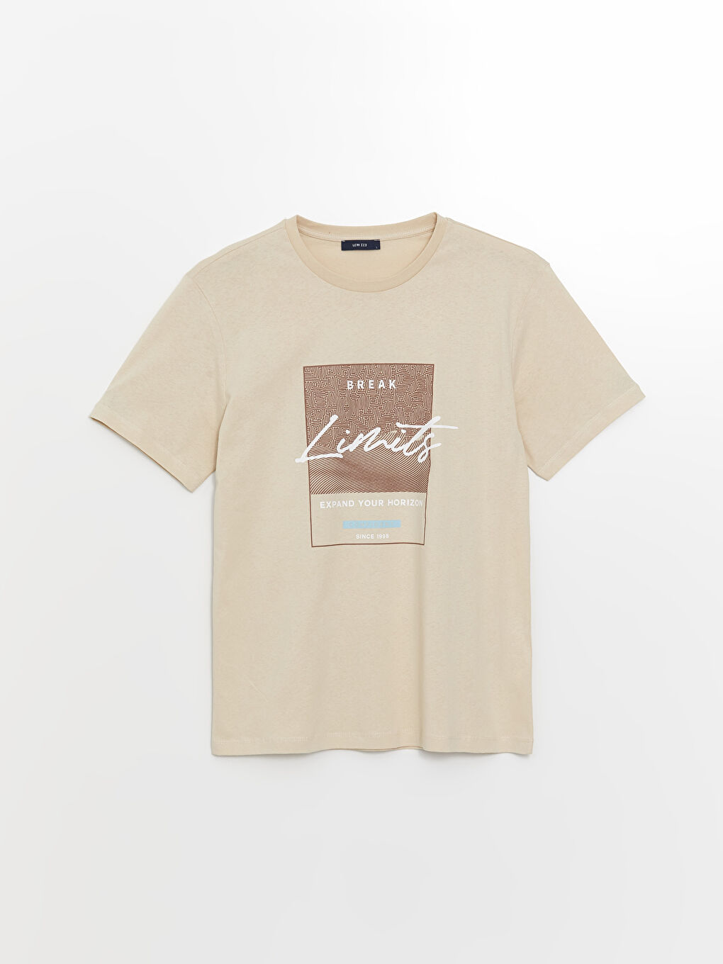 Bej Bisiklet Yaka Kısa Kollu Baskılı Penye Erkek Tişört-5