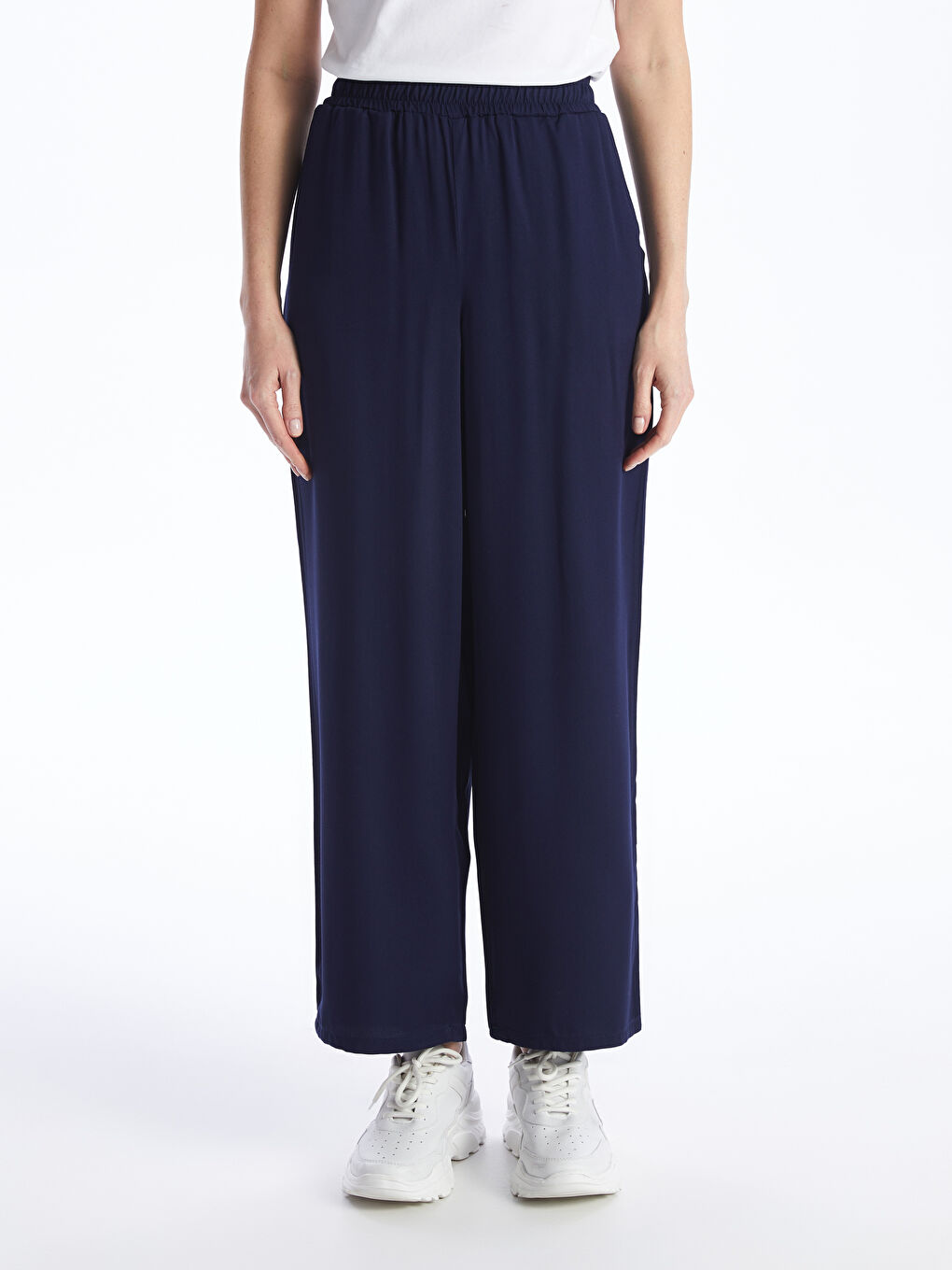 Lacivert Beli Lastikli Düz Gabardin Kadın Pantolon-2