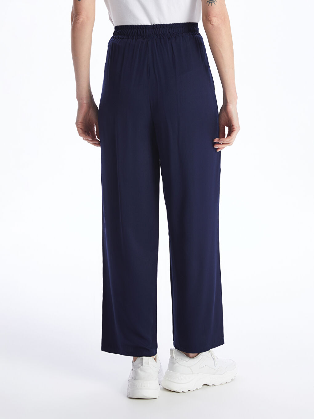Lacivert Beli Lastikli Düz Gabardin Kadın Pantolon-3