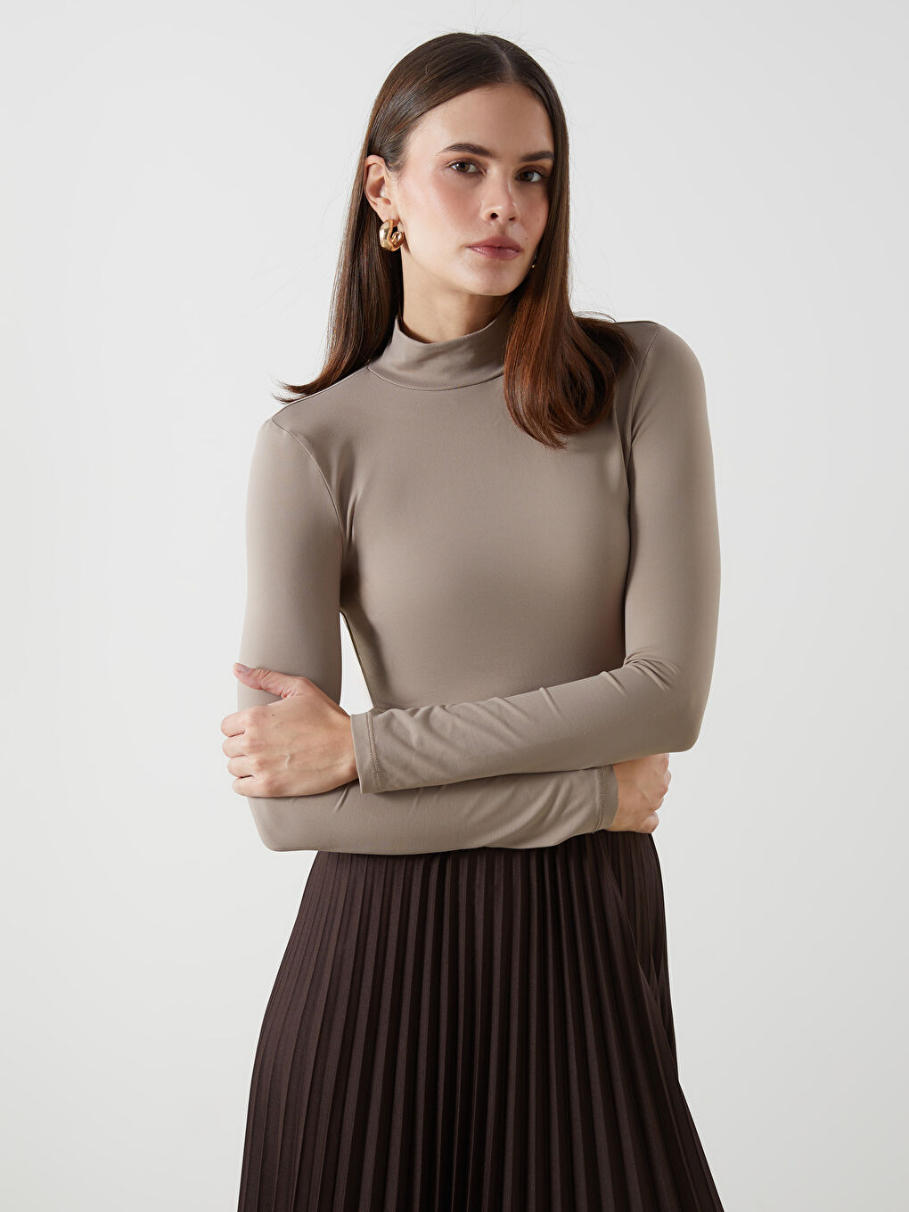 Turtle Neck Regular Long Sleeve Women's T-shirt -S4IF50Z8-GRC