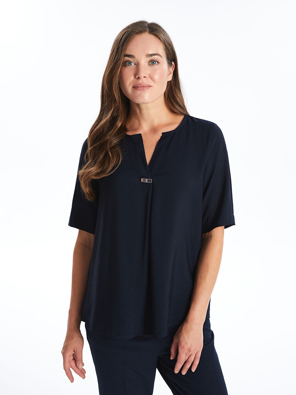 Henley Neckline Straight Short Sleeve Women Blouse -S4IF94Z8-E1J