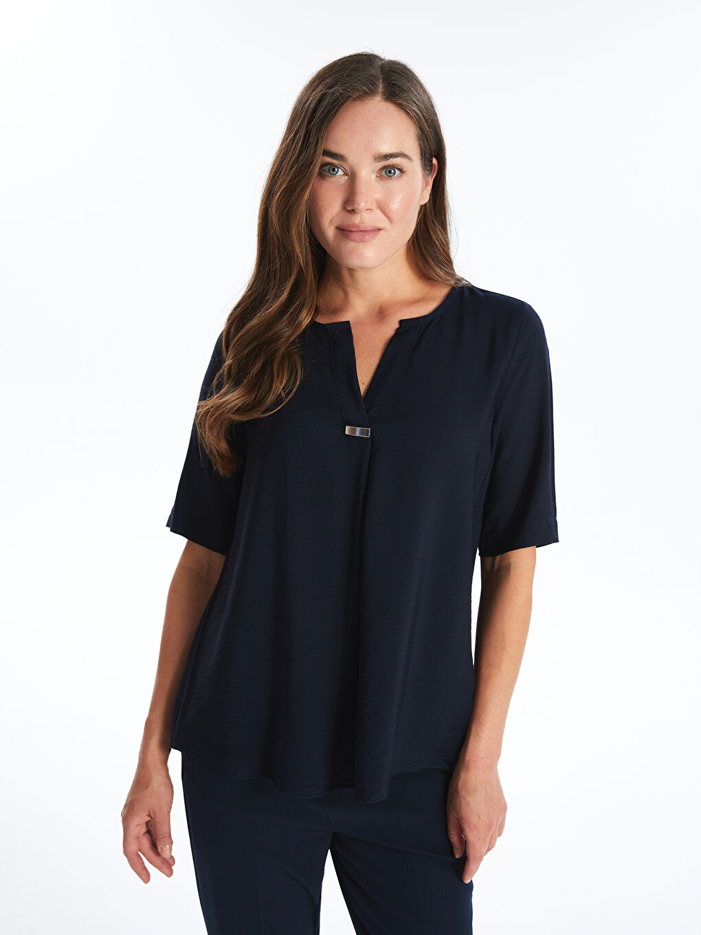 Henley Neckline Straight Short Sleeve Women Blouse -S4IF94Z8-E1J