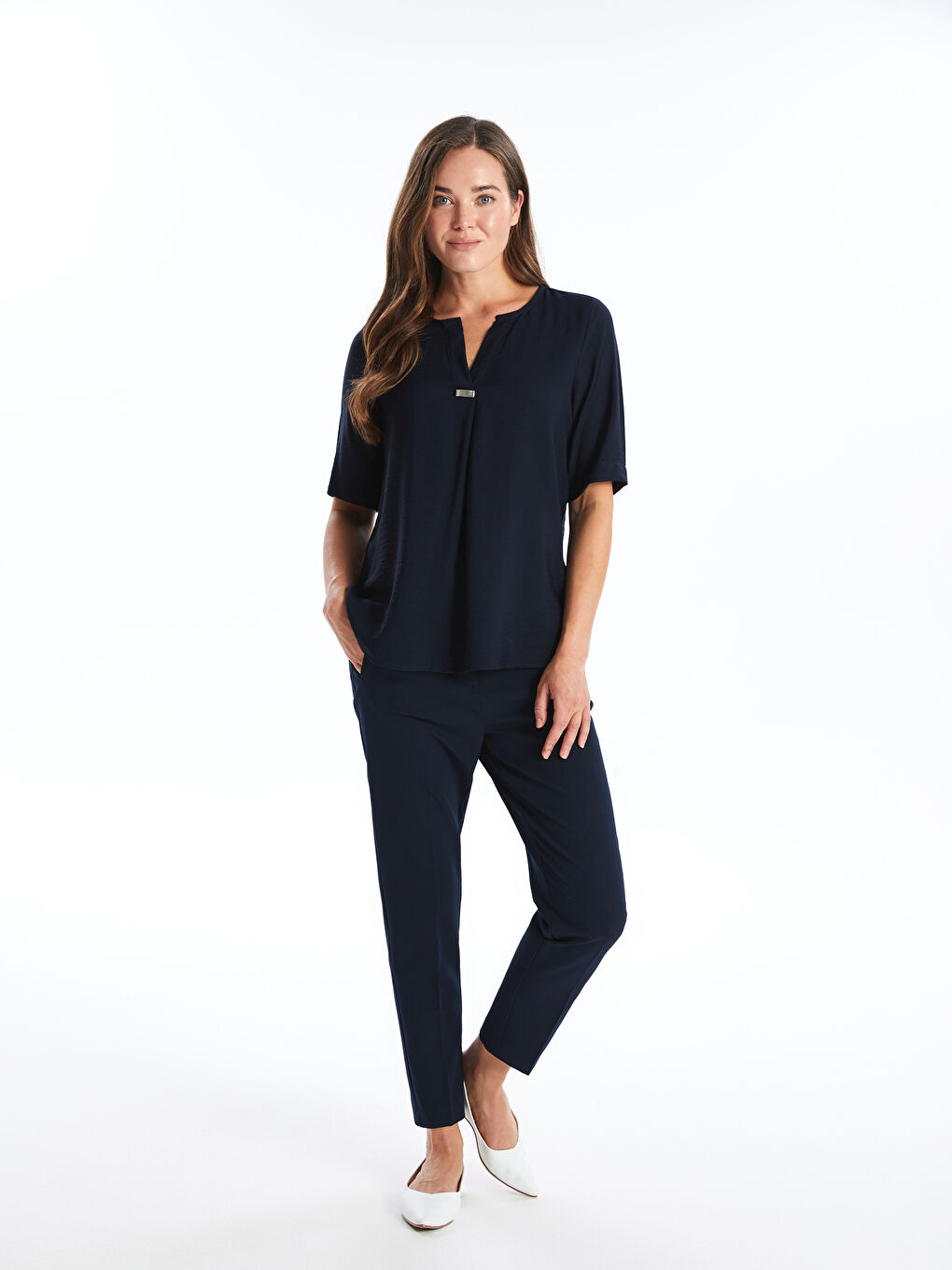 Henley Neckline Straight Short Sleeve Women Blouse -S4IF94Z8-E1J
