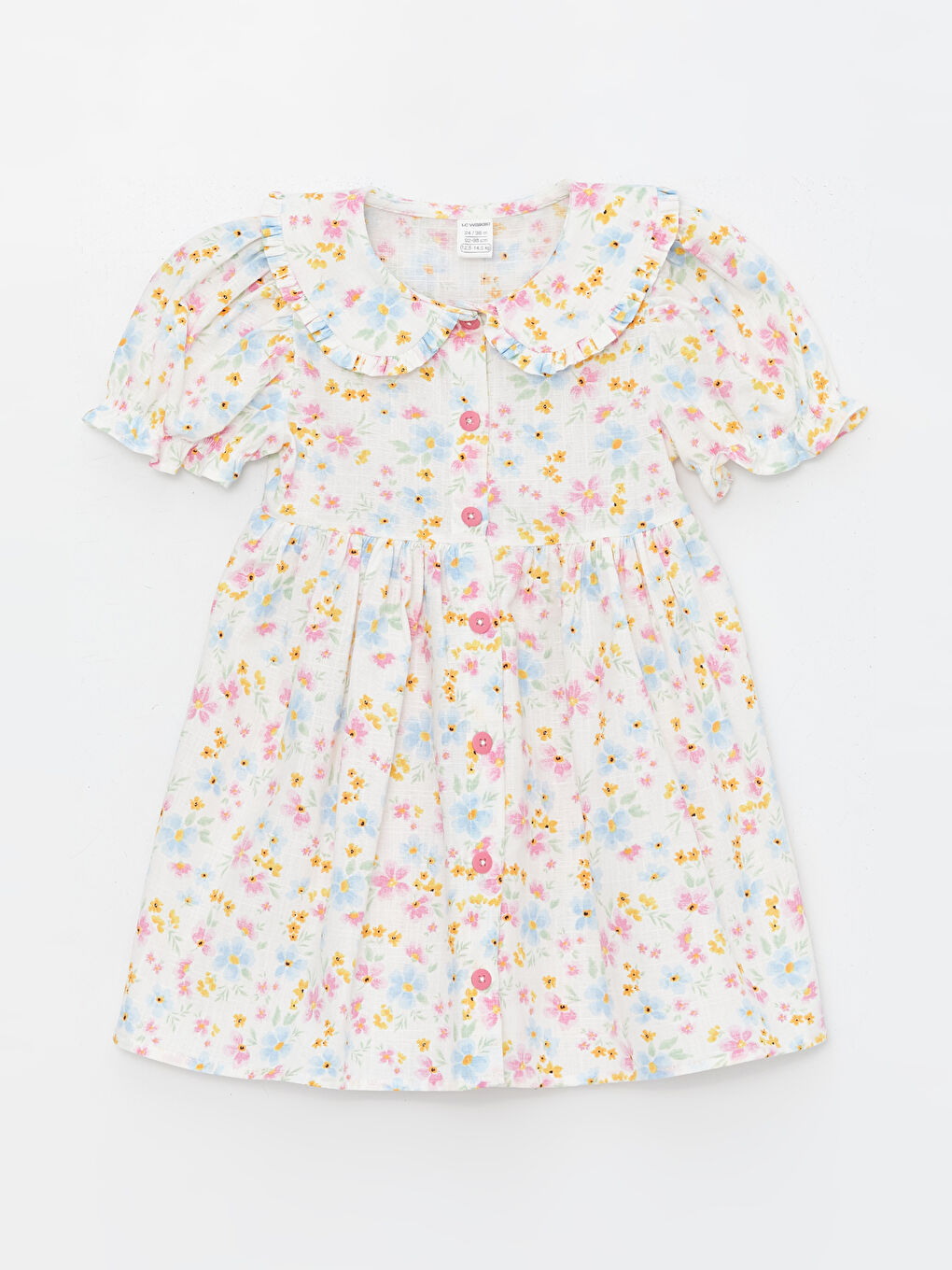 Ekru Bebe Yaka Uzun Kollu Çiçek Desenli Kız Bebek Elbise