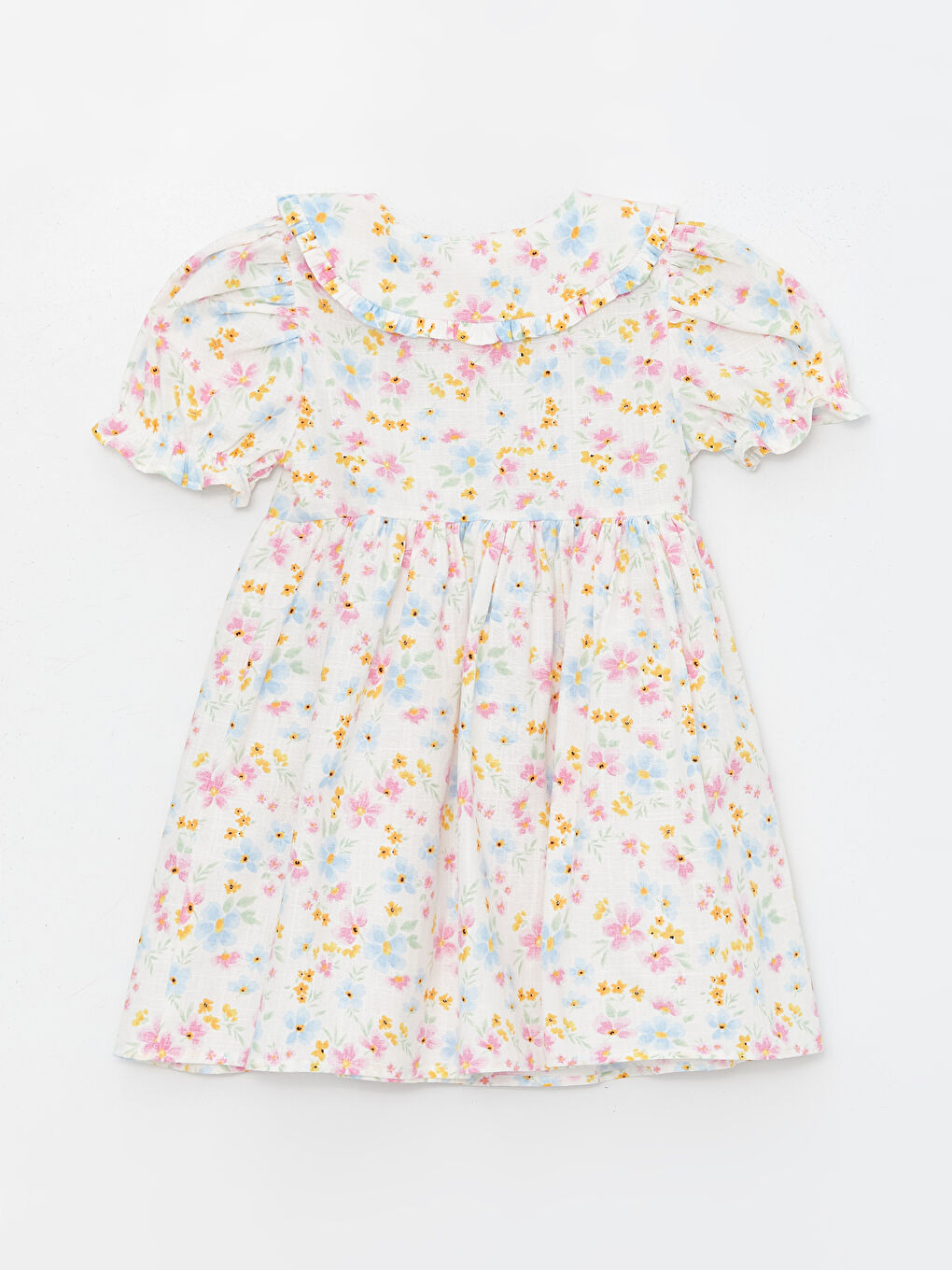 Ekru Bebe Yaka Uzun Kollu Çiçek Desenli Kız Bebek Elbise-1