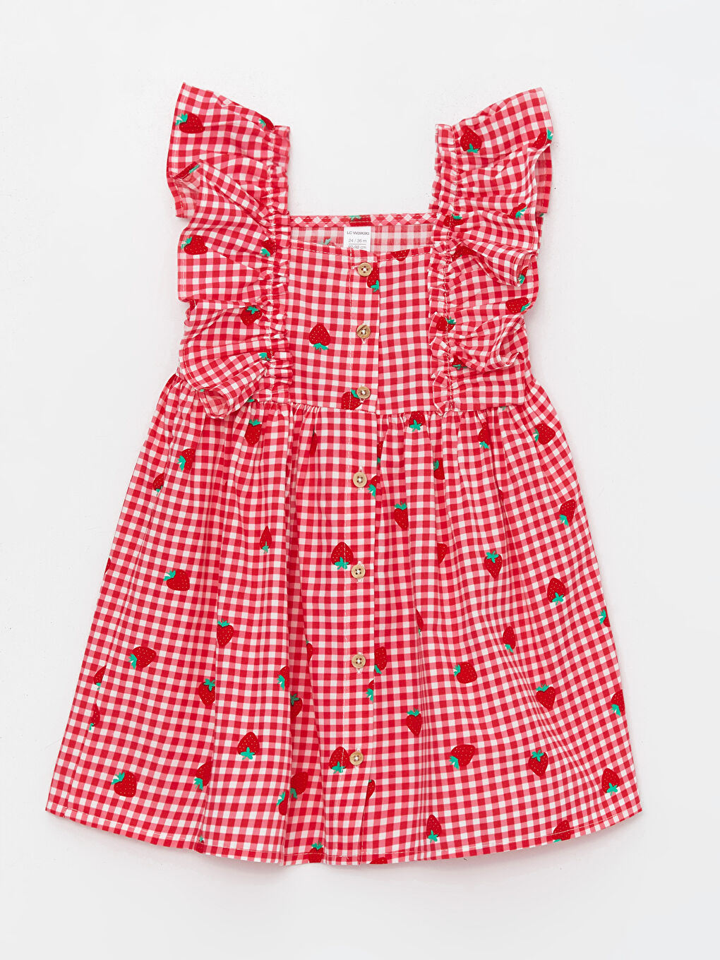 Kırmızı Askılı Kare Yaka Baskılı Kız Bebek Elbise
