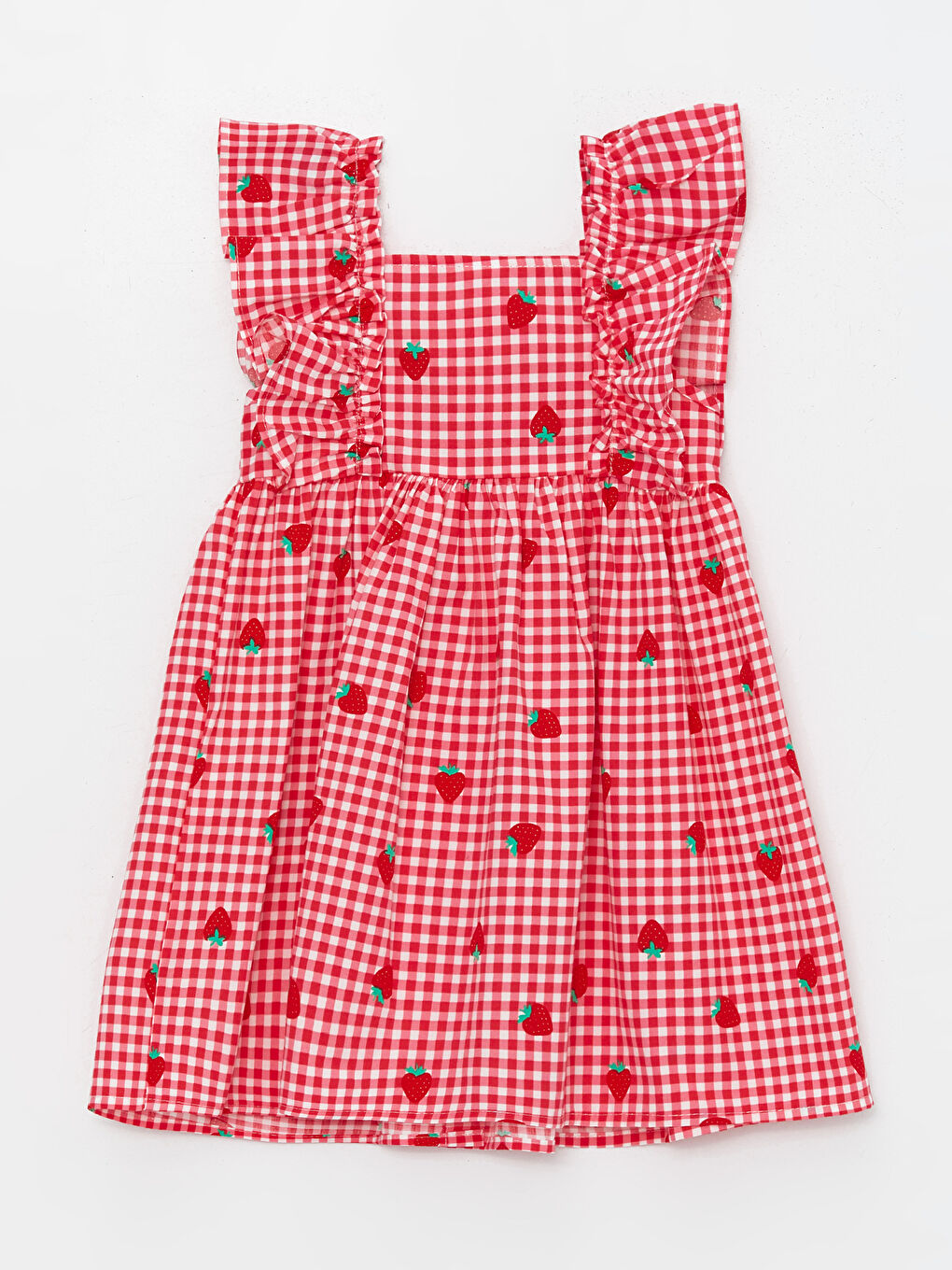 Kırmızı Askılı Kare Yaka Baskılı Kız Bebek Elbise-1