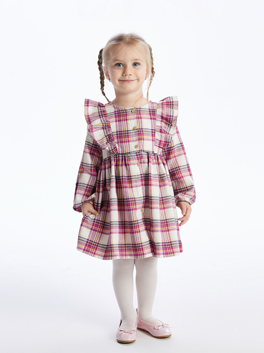 Crew Neck Long Sleeve Plaid Patterned Baby Girl Dress