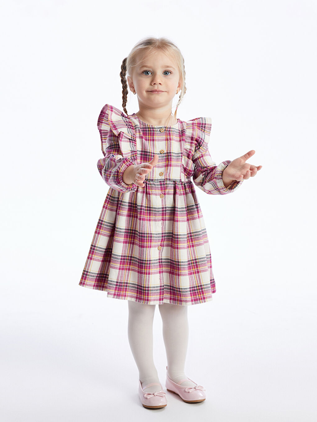 Crew Neck Long Sleeve Plaid Patterned Baby Girl Dress-1