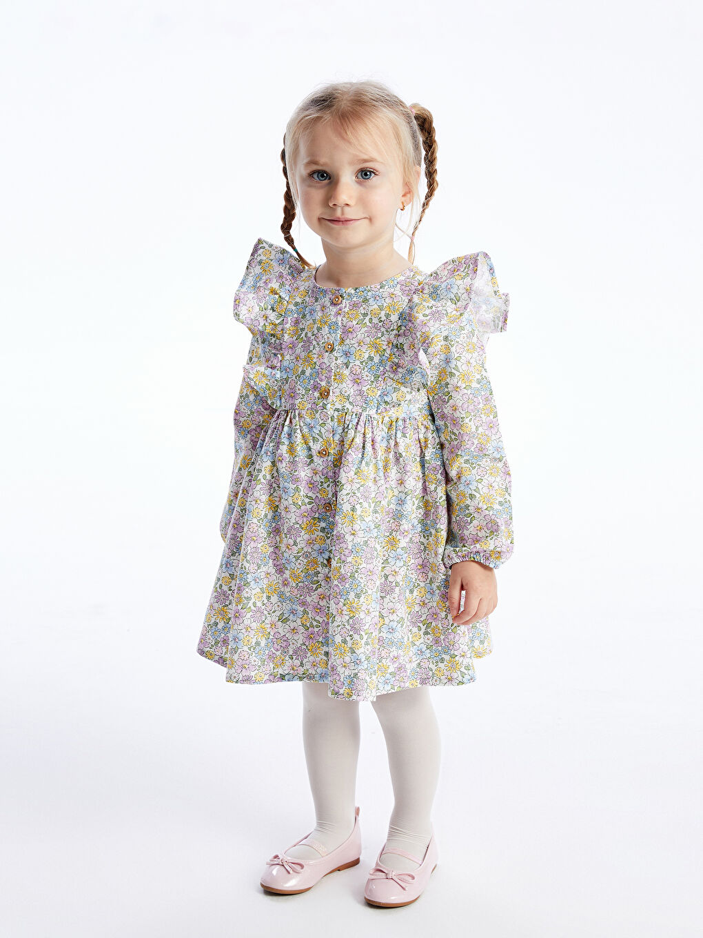 Ekru Bisiklet Yaka Uzun Kollu Çiçek Desenli Kız Bebek Elbise