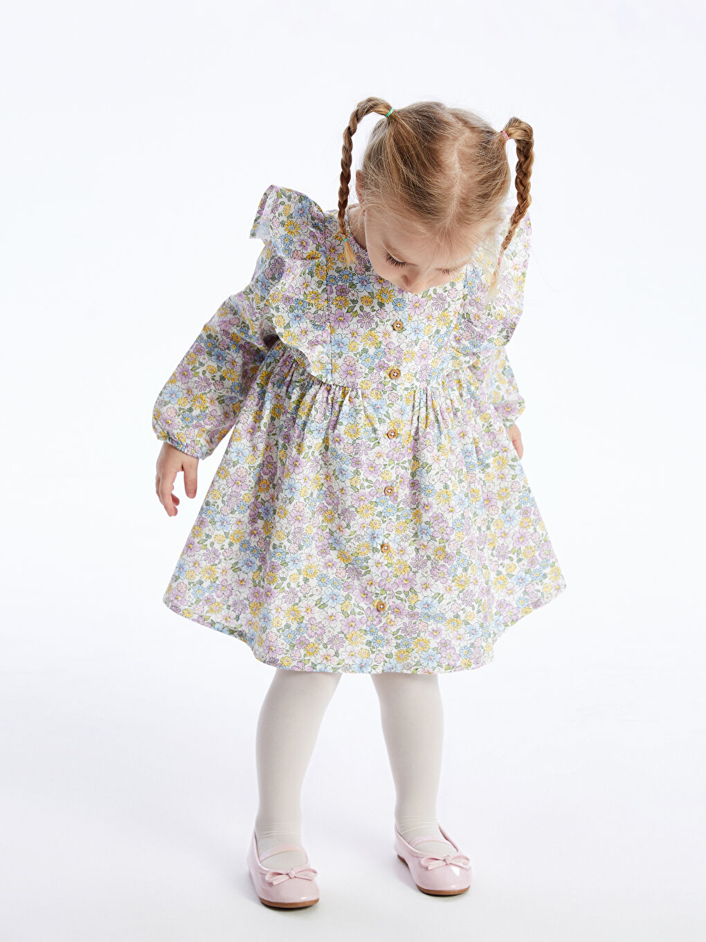 Ekru Bisiklet Yaka Uzun Kollu Çiçek Desenli Kız Bebek Elbise-1