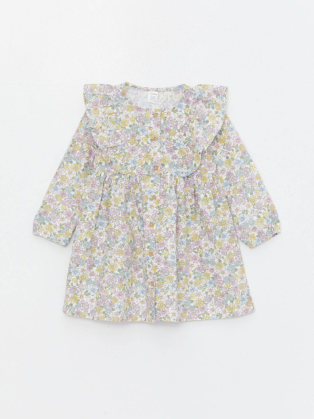 Ekru Bisiklet Yaka Uzun Kollu Çiçek Desenli Kız Bebek Elbise-2