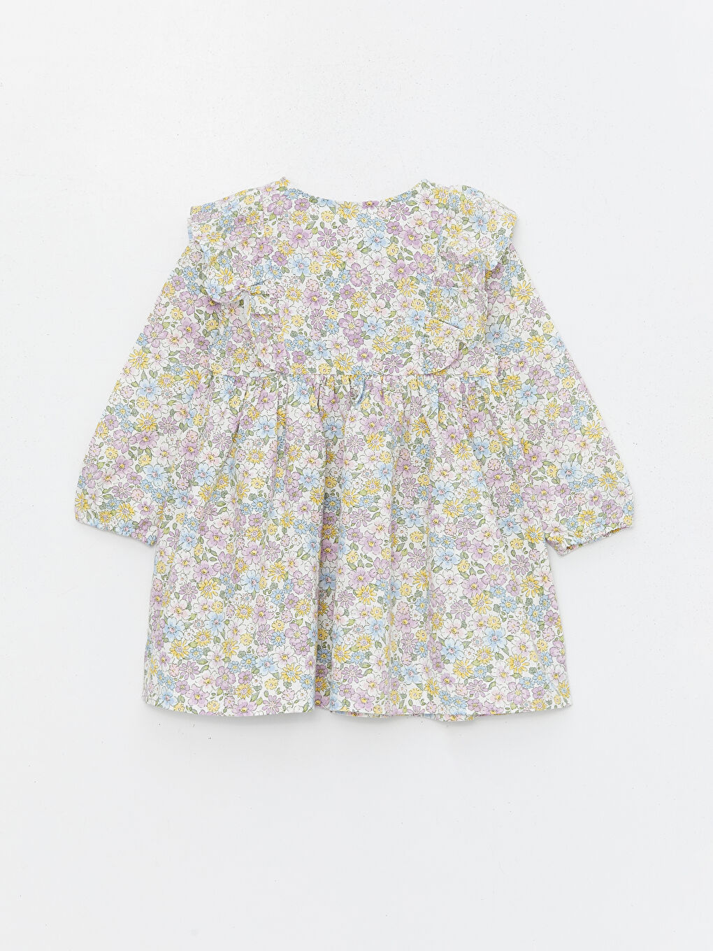 Ekru Bisiklet Yaka Uzun Kollu Çiçek Desenli Kız Bebek Elbise-3