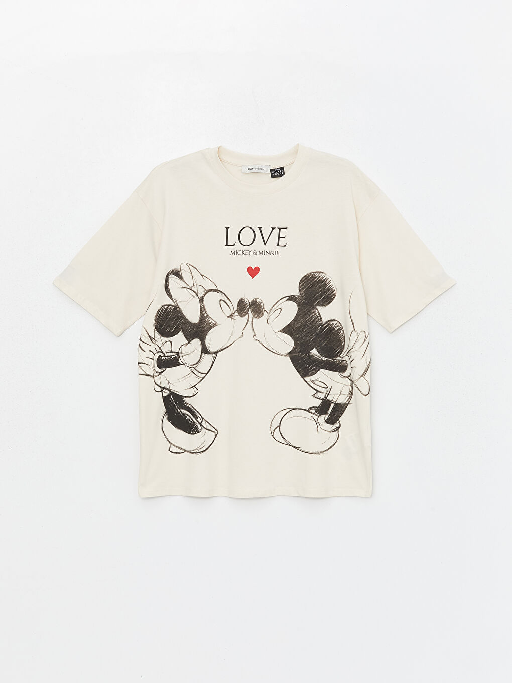 Bej Bisiklet Yaka Mickey ve Minnie Mouse Baskılı Kısa Kollu Kadın Tişört-5