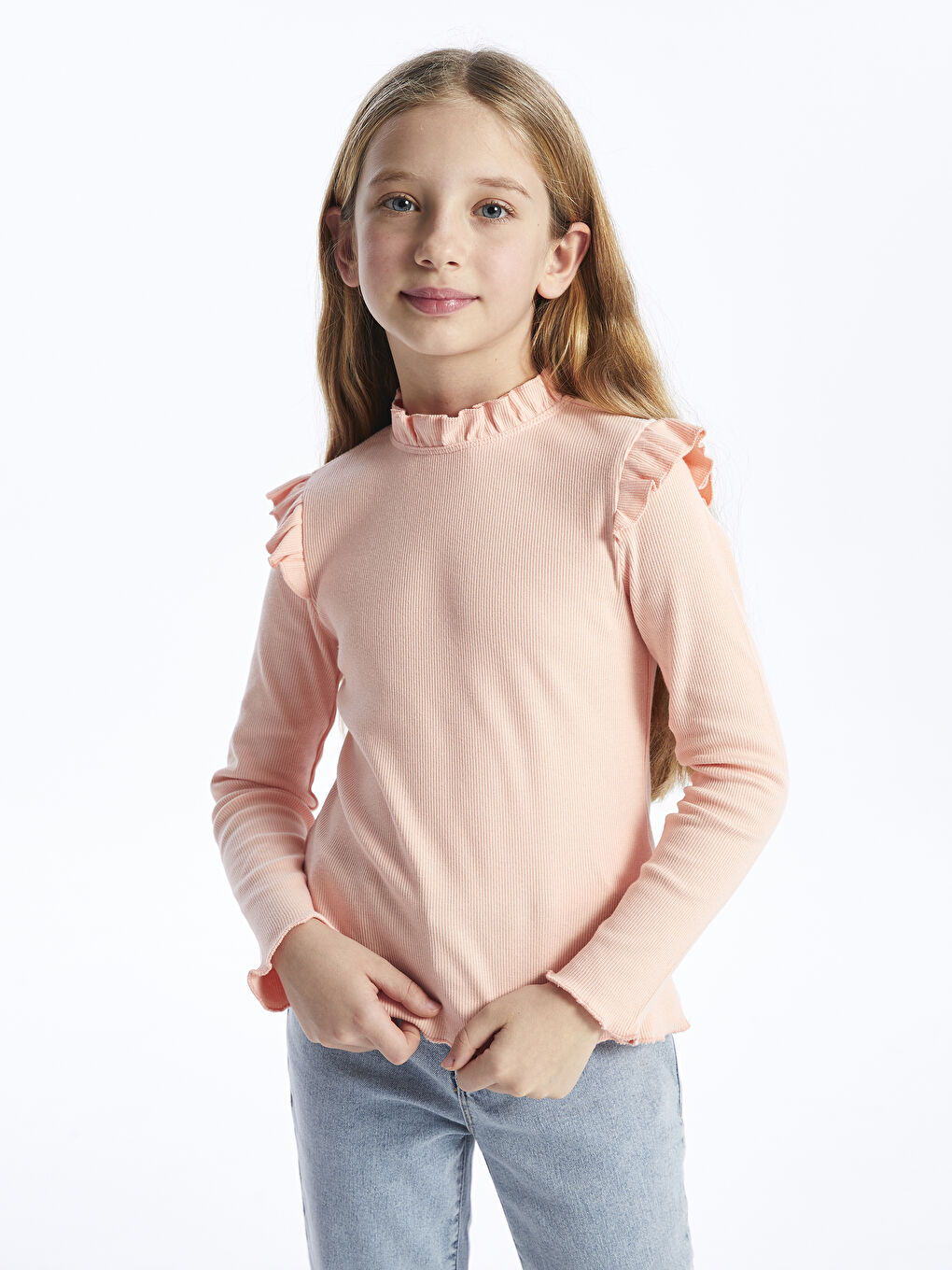 Pembe Dik Yaka Basic Uzun Kollu Kız Çocuk Tişört