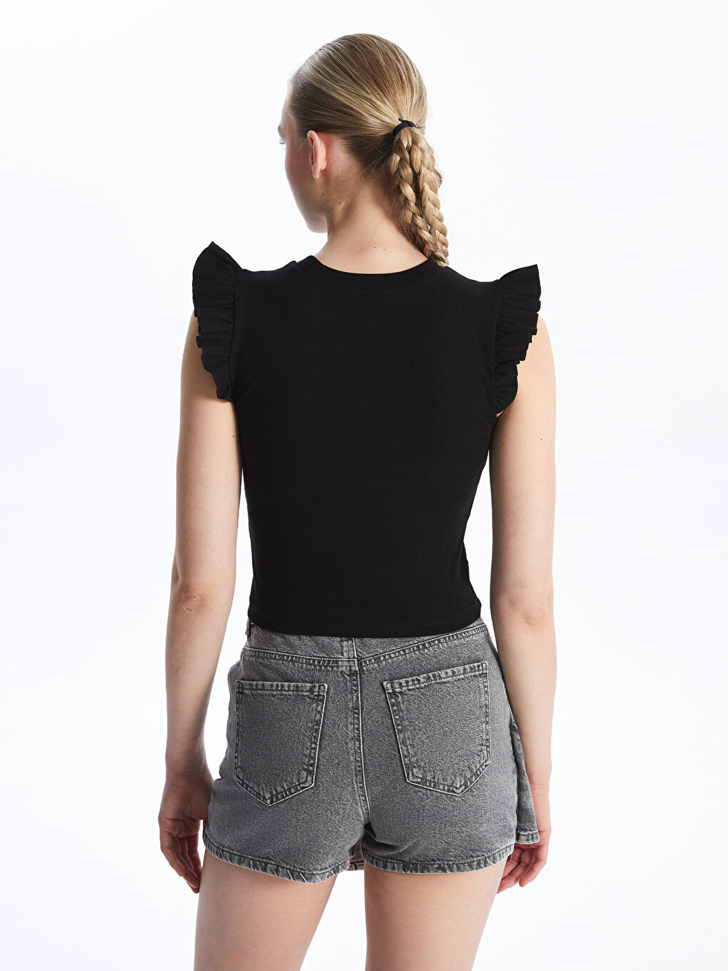 Siyah Bisiklet Yaka Düz Kısa Kollu Kadın Bluz-4