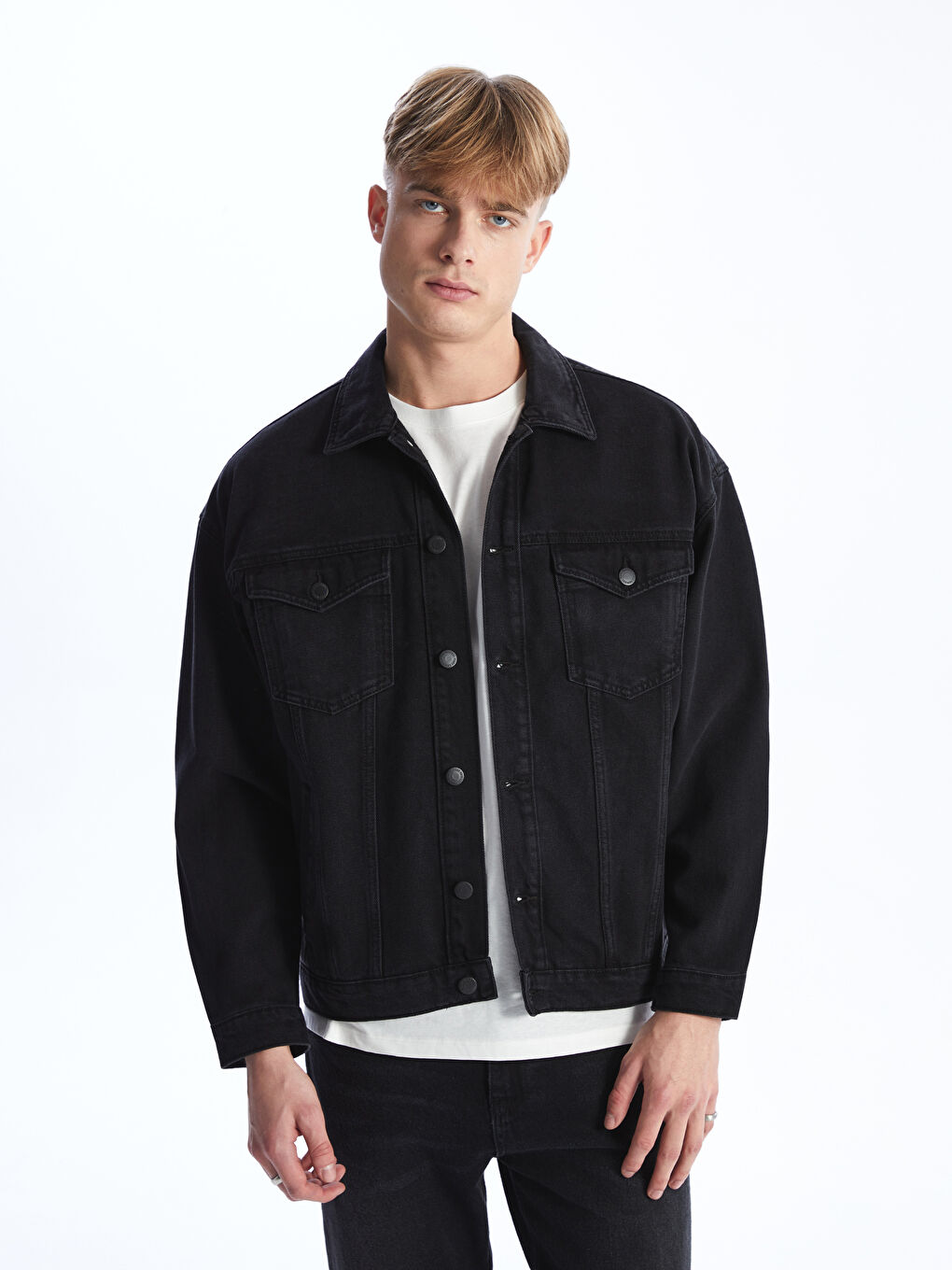Siyah Rahat Kalıp Erkek Jean Ceket-1
