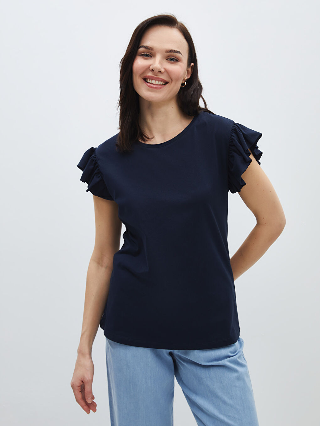 Lacivert Bisiklet Yaka Düz Kısa Kollu Kadın Tişört