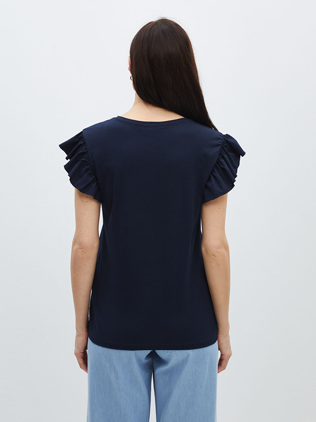 Lacivert Bisiklet Yaka Düz Kısa Kollu Kadın Tişört-4