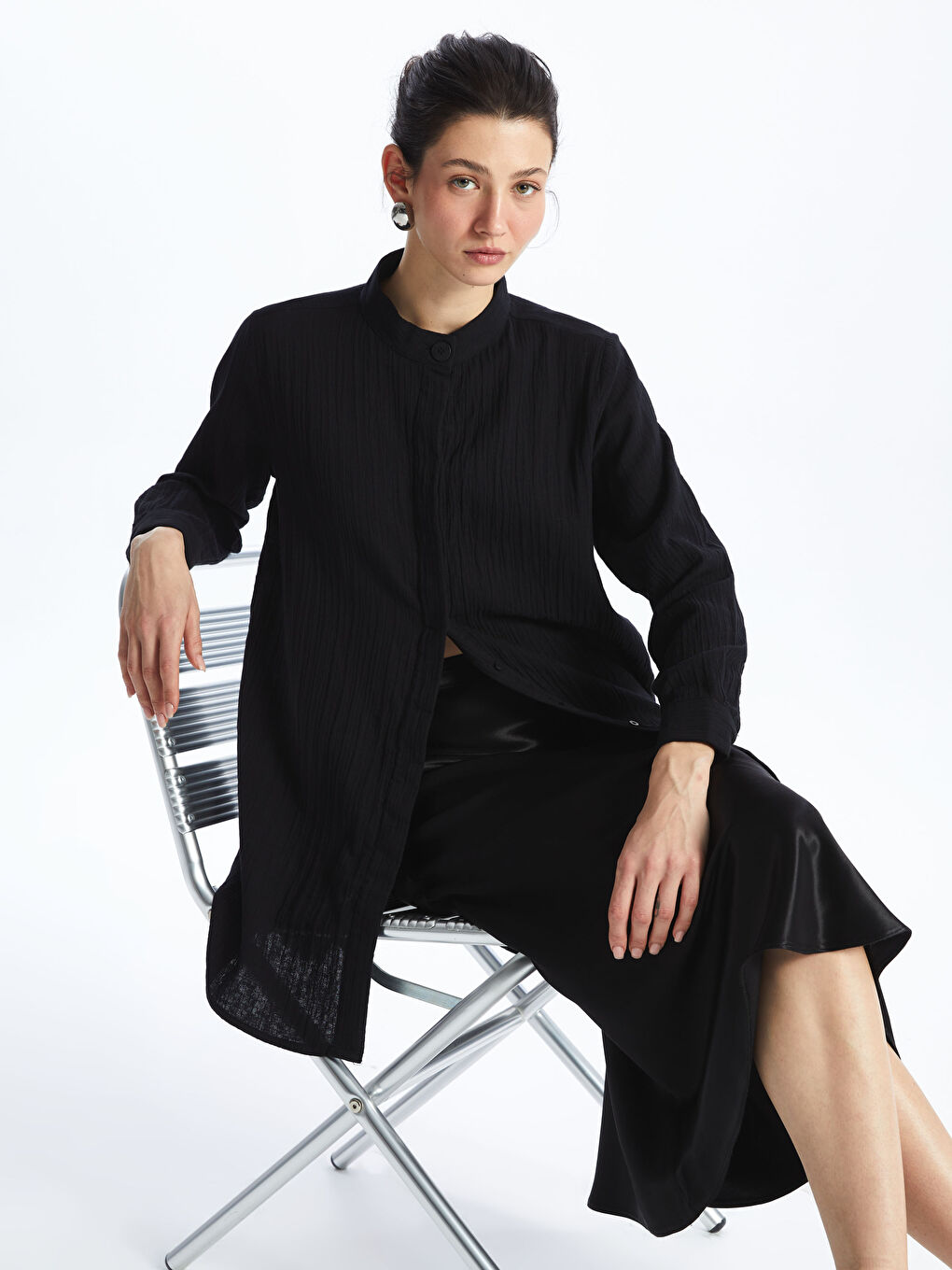 Siyah Kadın Hakim Yaka Düz Gömlek Tunik