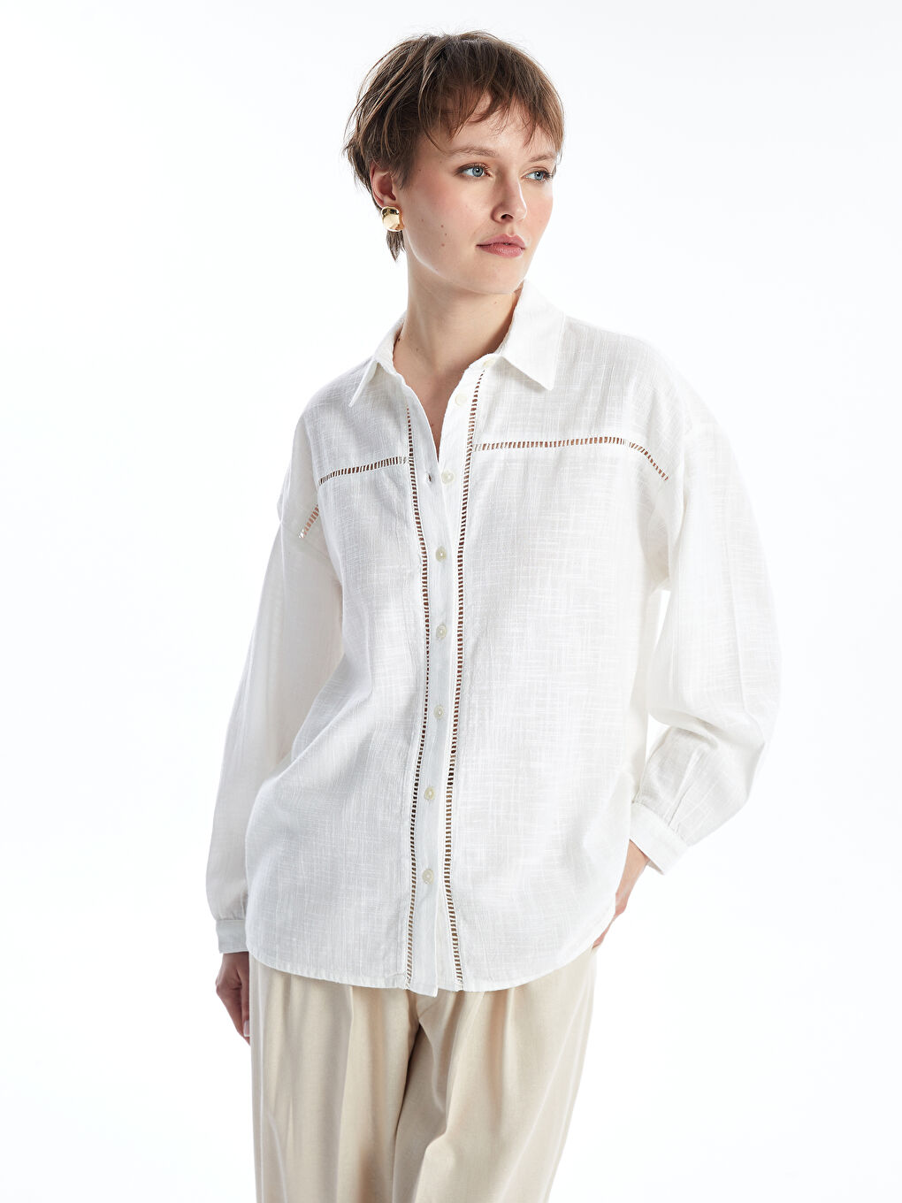 Self-Patterned Long Sleeve Oversize Women's Shirt -S4II29Z8-FFB