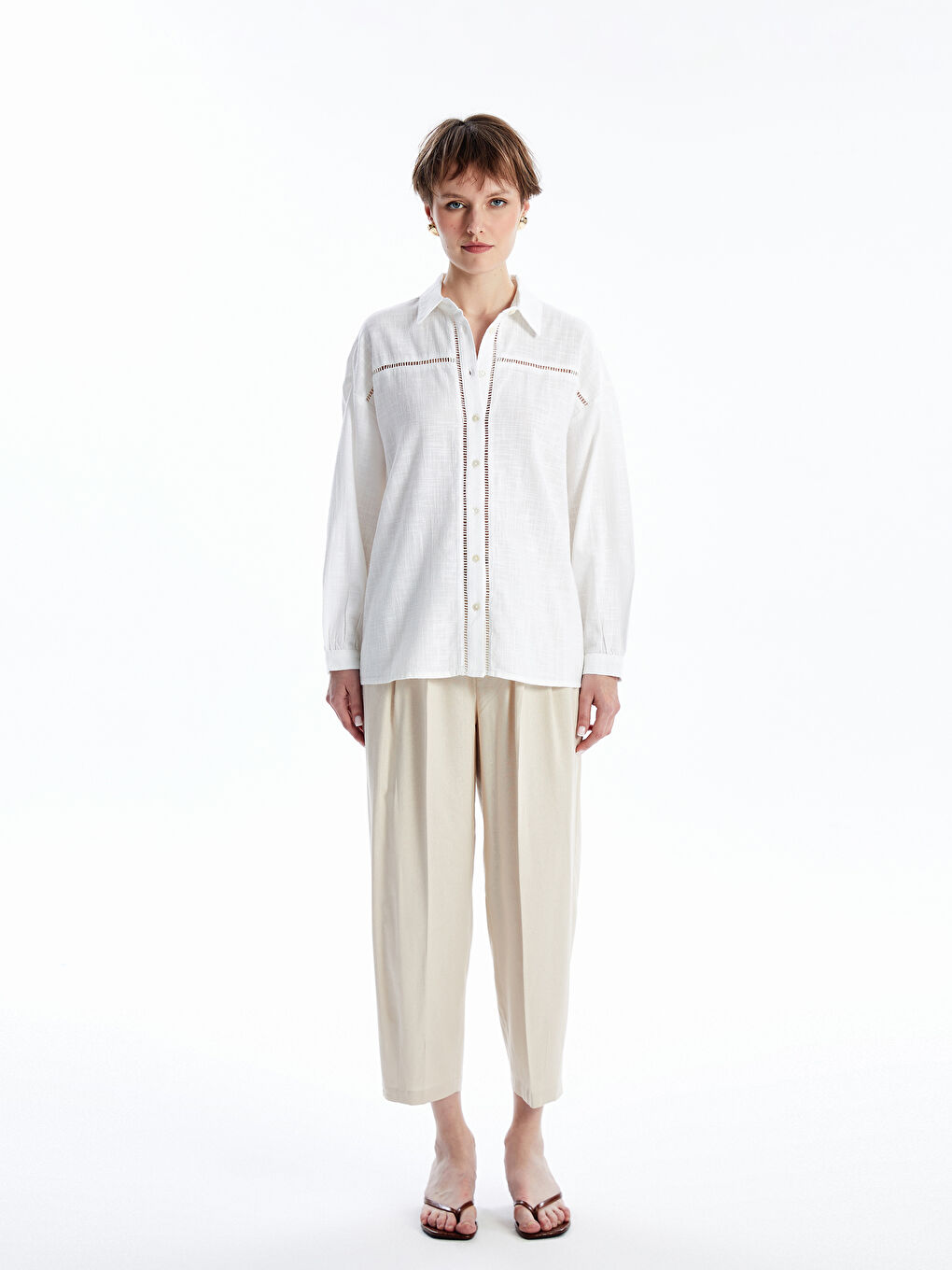 Self-Patterned Long Sleeve Oversize Women's Shirt -S4II29Z8-FFB