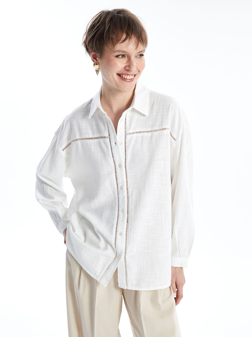 Self-Patterned Long Sleeve Oversize Women's Shirt -S4II29Z8-FFB