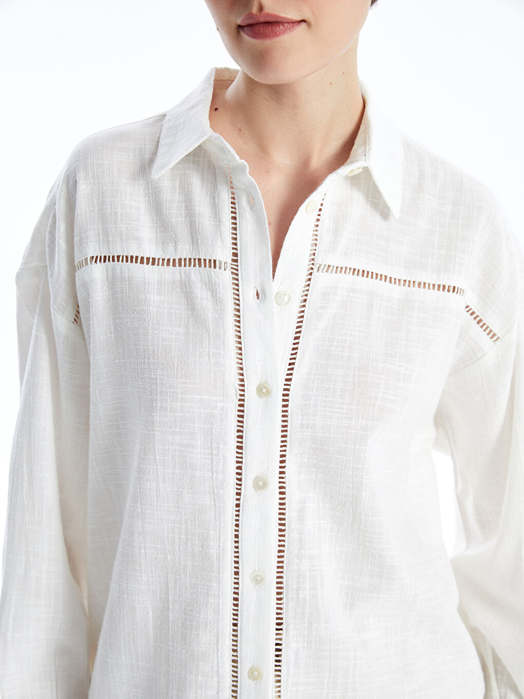 Self-Patterned Long Sleeve Oversize Women's Shirt -S4II29Z8-FFB