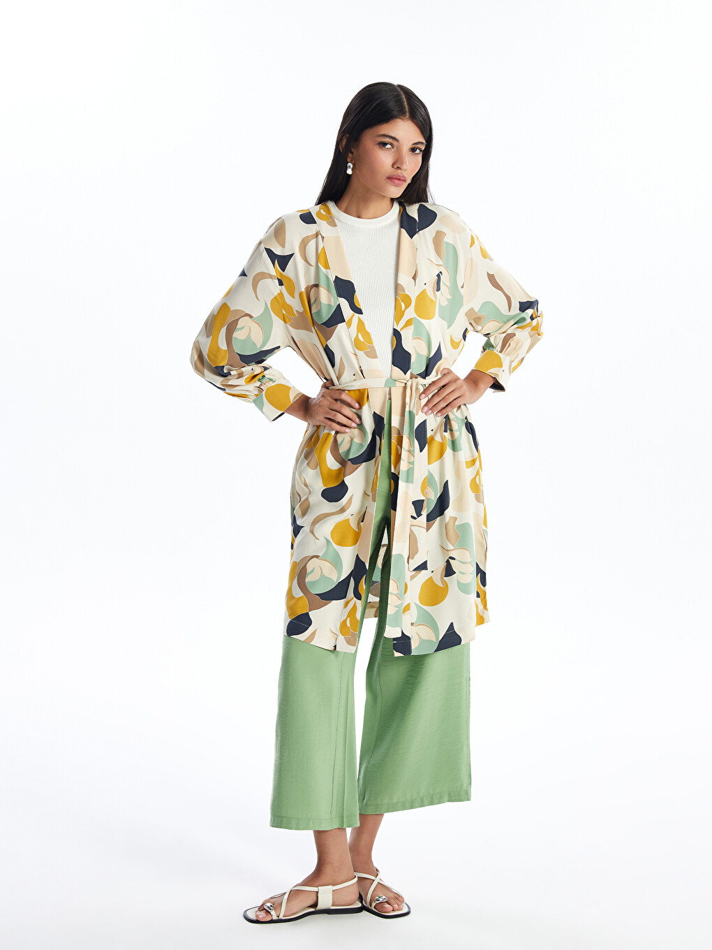 Shawl Collar Patterned Long Sleeve Oversize Women's Kimono