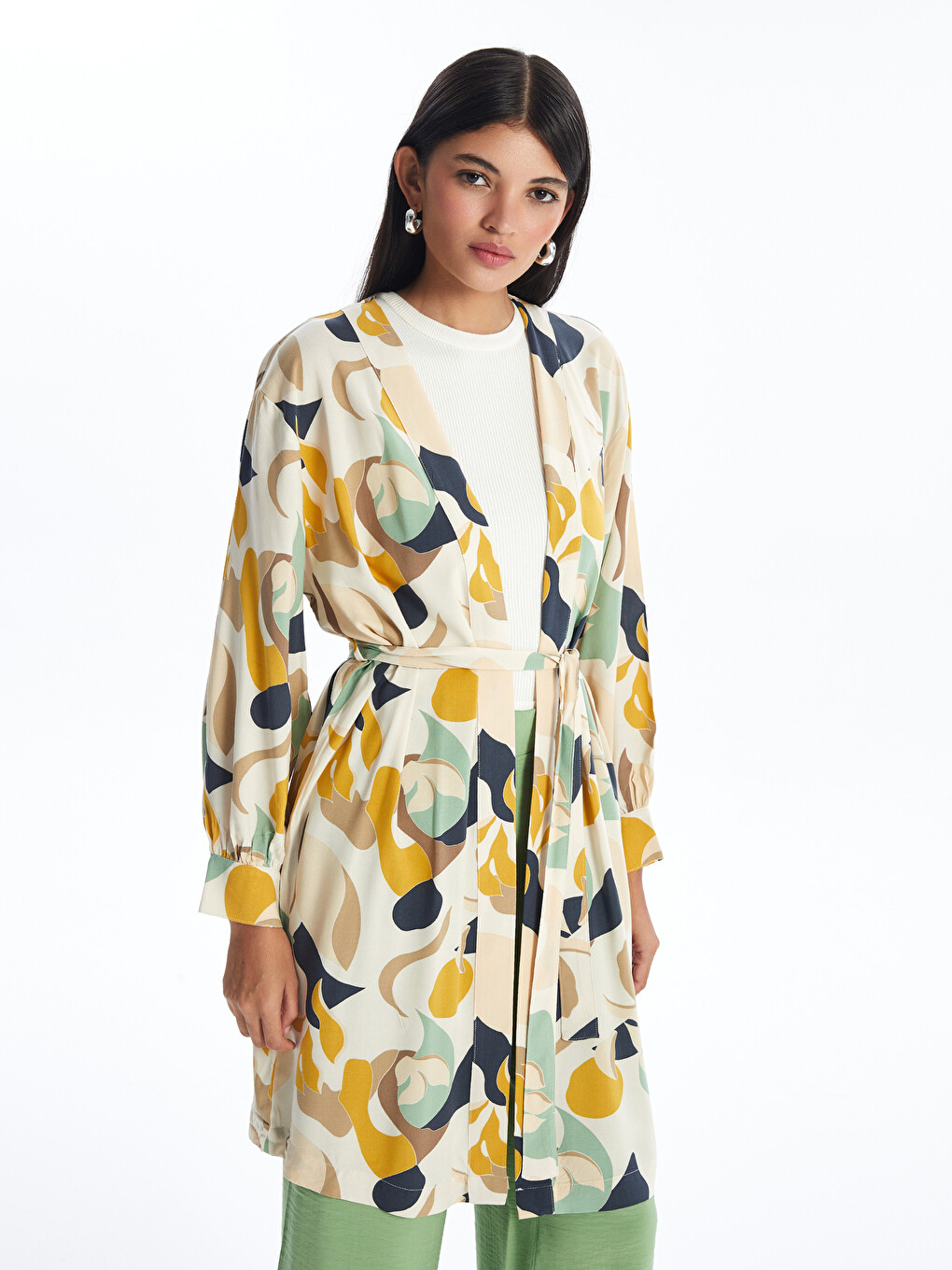 Shawl Collar Patterned Long Sleeve Oversize Women's Kimono-1