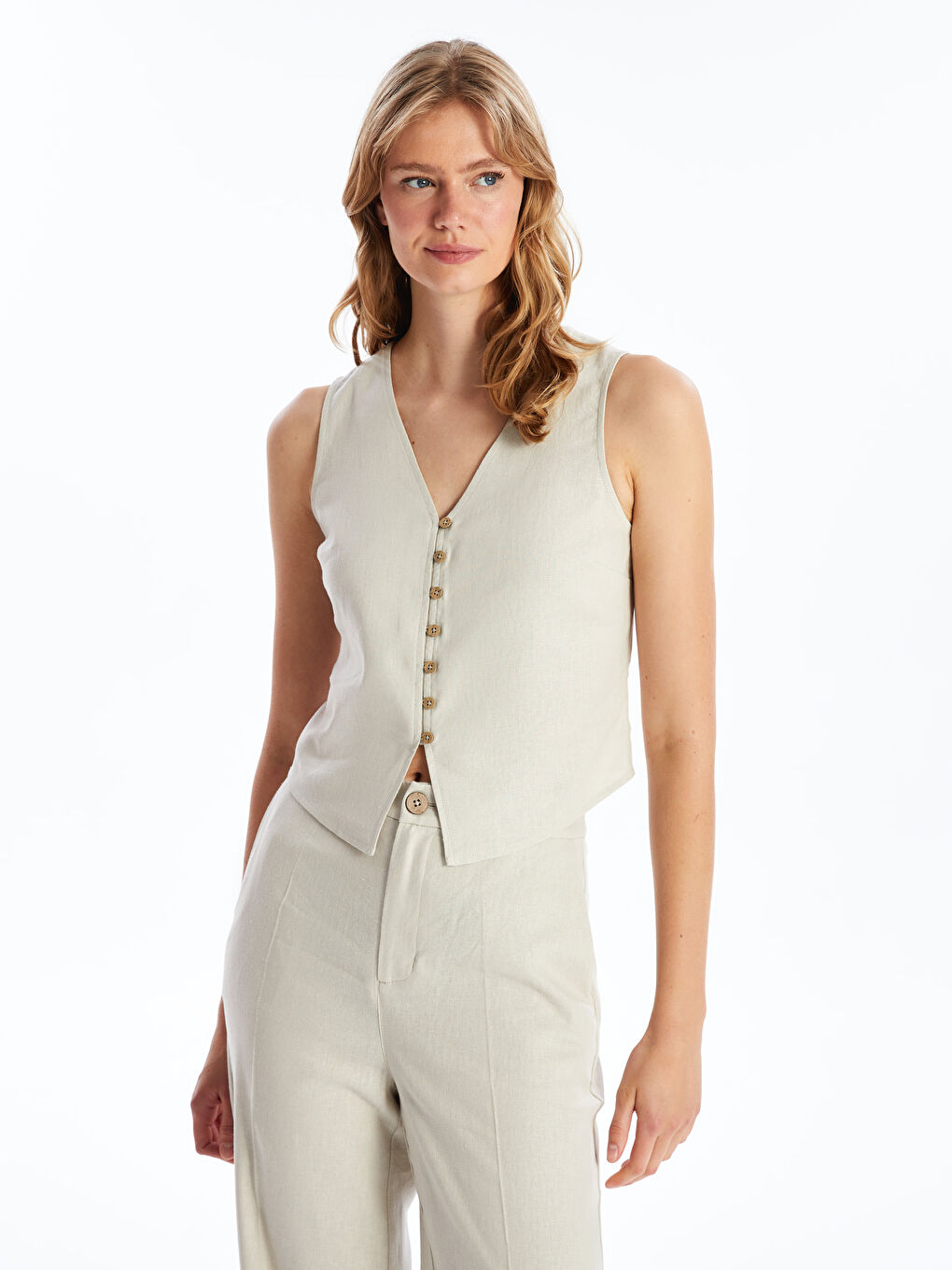 LCW Vision V-Ausschnitt Schlichte Leinenmischung Bluse für Damen -S4II89Z8-VL2