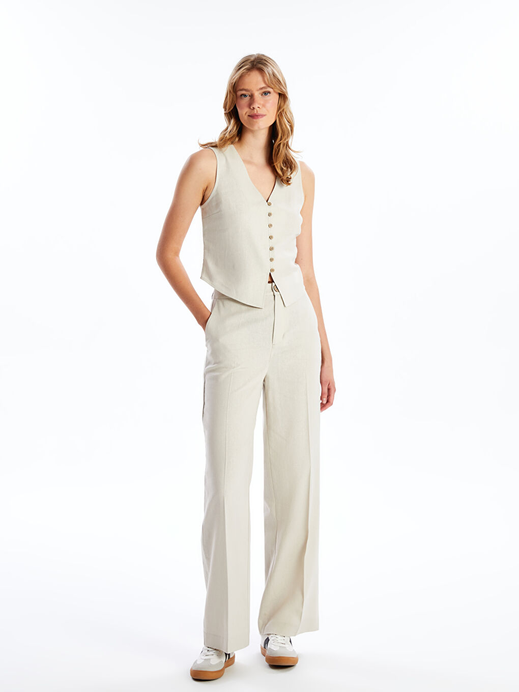 LCW Vision V-Ausschnitt Schlichte Leinenmischung Bluse für Damen -S4II89Z8-VL2