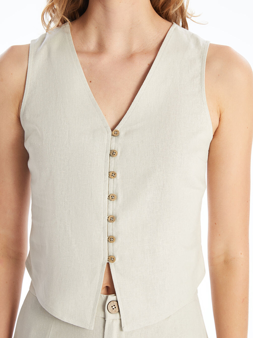 LCW Vision V-Ausschnitt Schlichte Leinenmischung Bluse für Damen -S4II89Z8-VL2