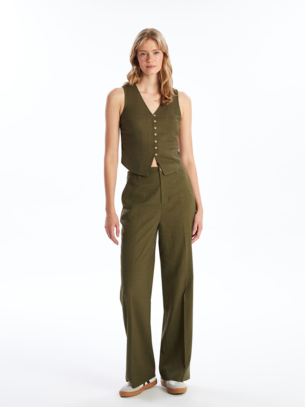 V-Neck Plain Linen Blend Women's Blouse -S4II89Z8-YGX