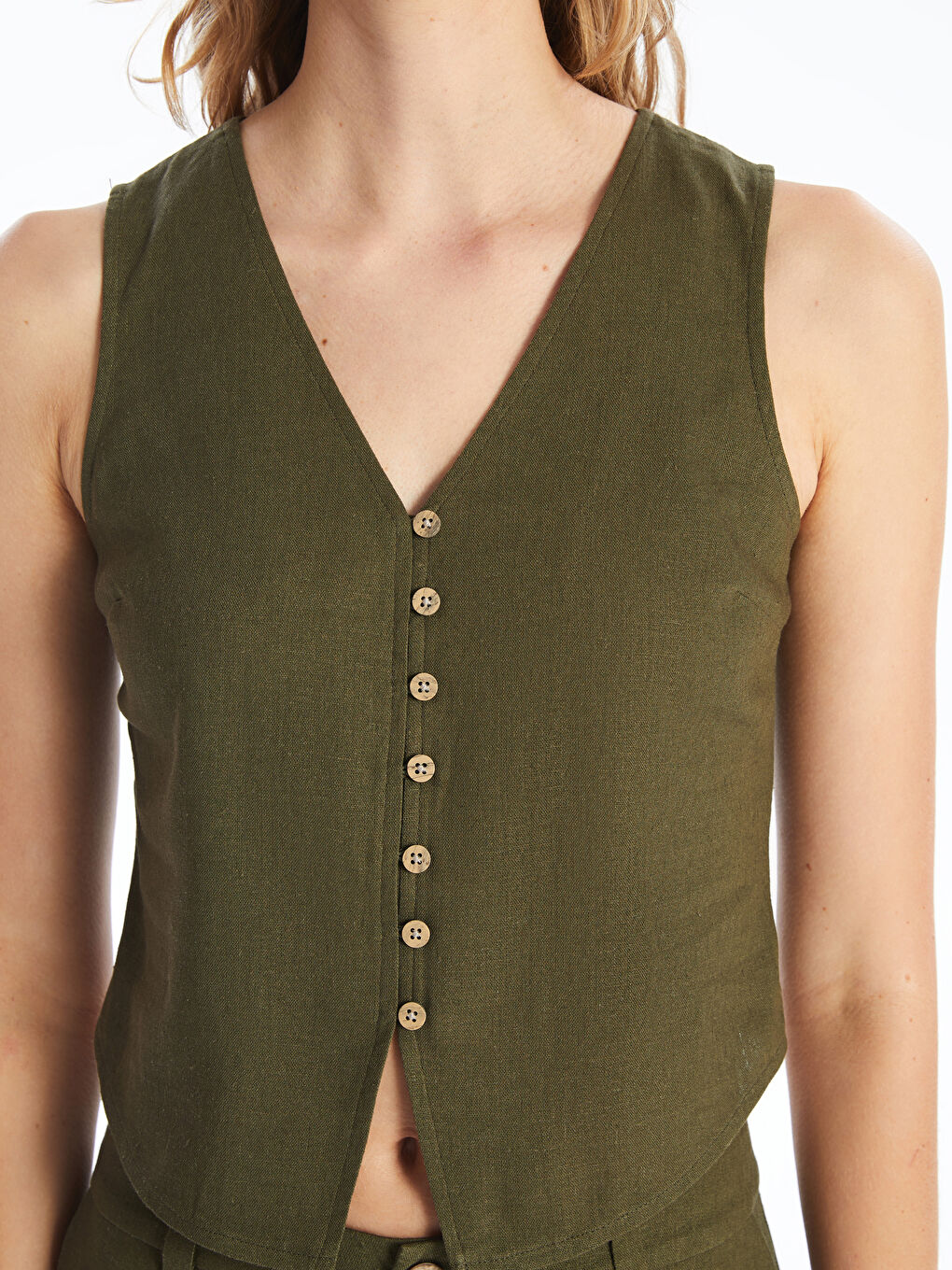 V-Neck Plain Linen Blend Women's Blouse -S4II89Z8-YGX