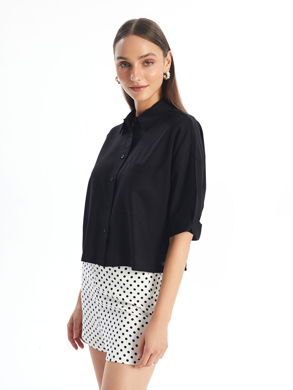 Plain Oversize Crop Linen Blend Women's Shirt -S4II90Z8-CVL