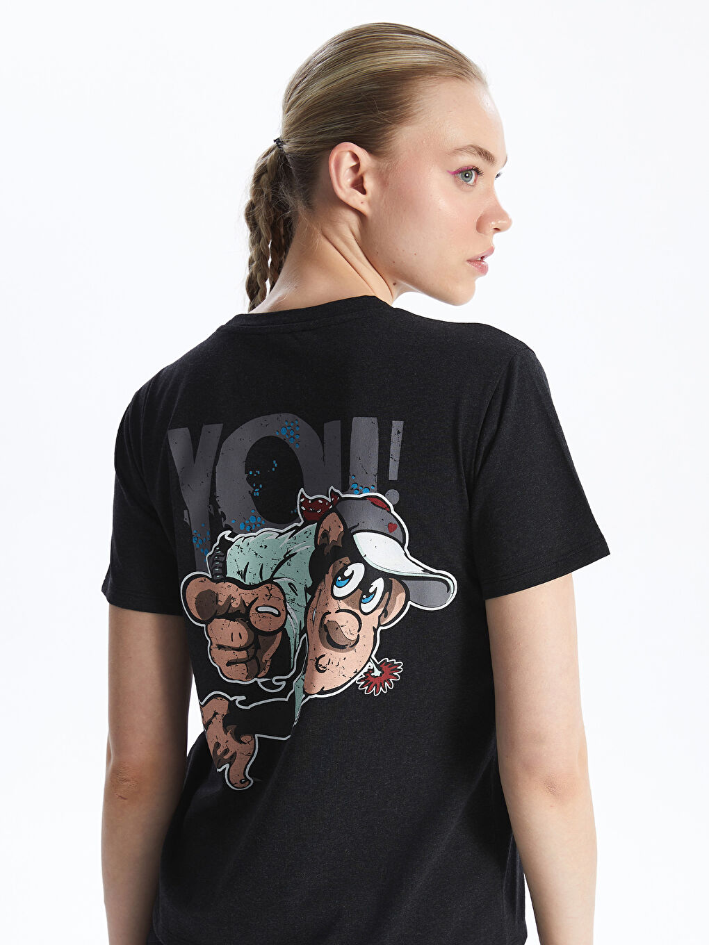 Antrasit Nostaljik Maymun Baskılı Kadın Tişört
