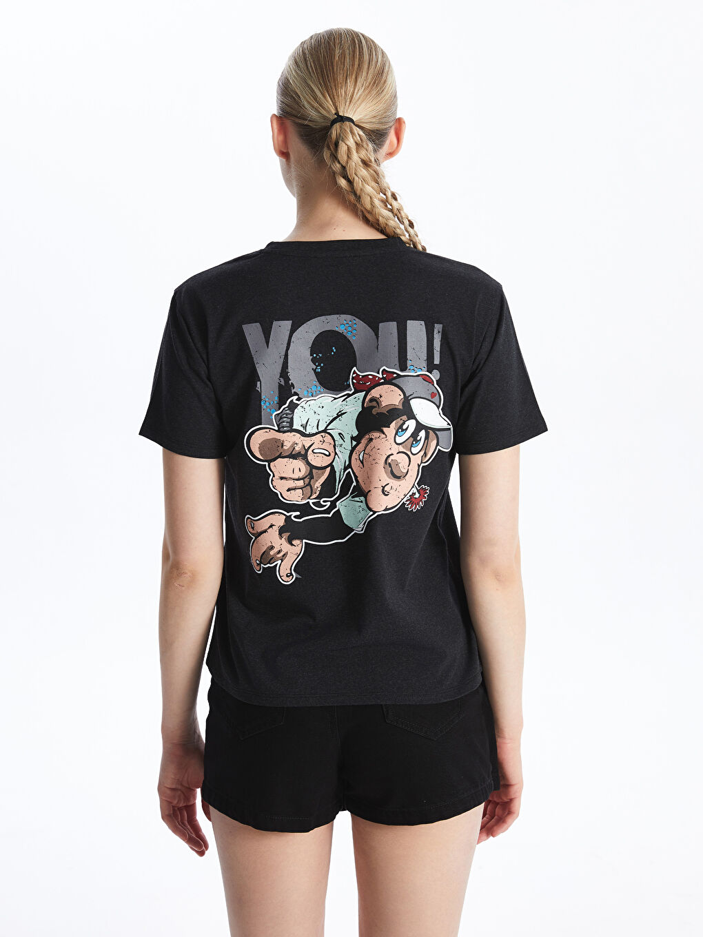 Antrasit Nostaljik Maymun Baskılı Kadın Tişört-4