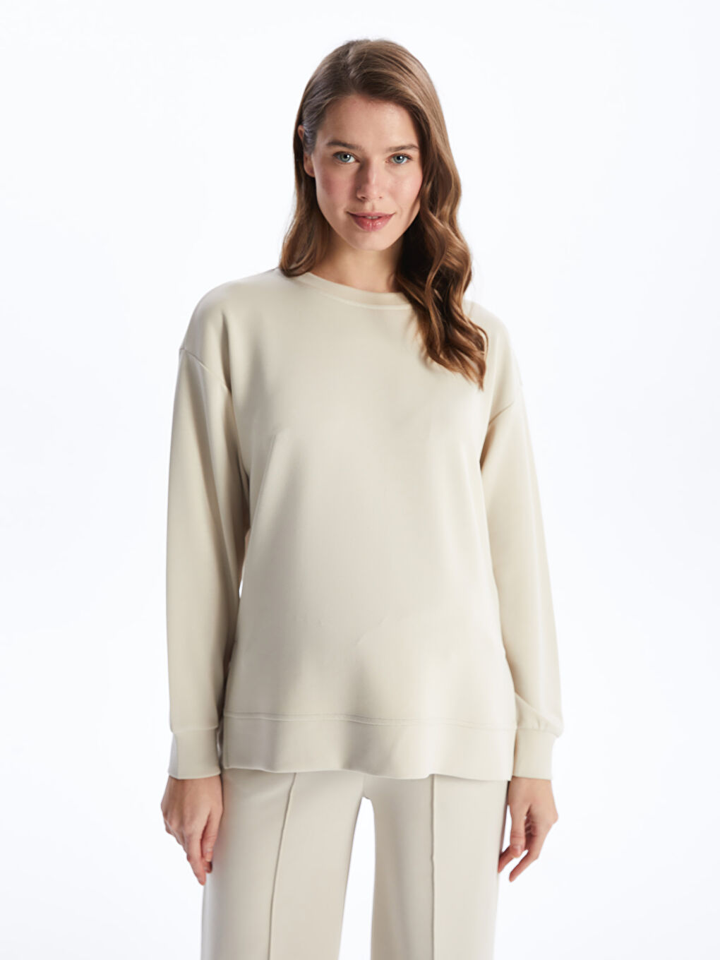 LCWAIKIKI Maternity Bej Bisiklet Yaka Düz Hamile Sweatshirt - 2