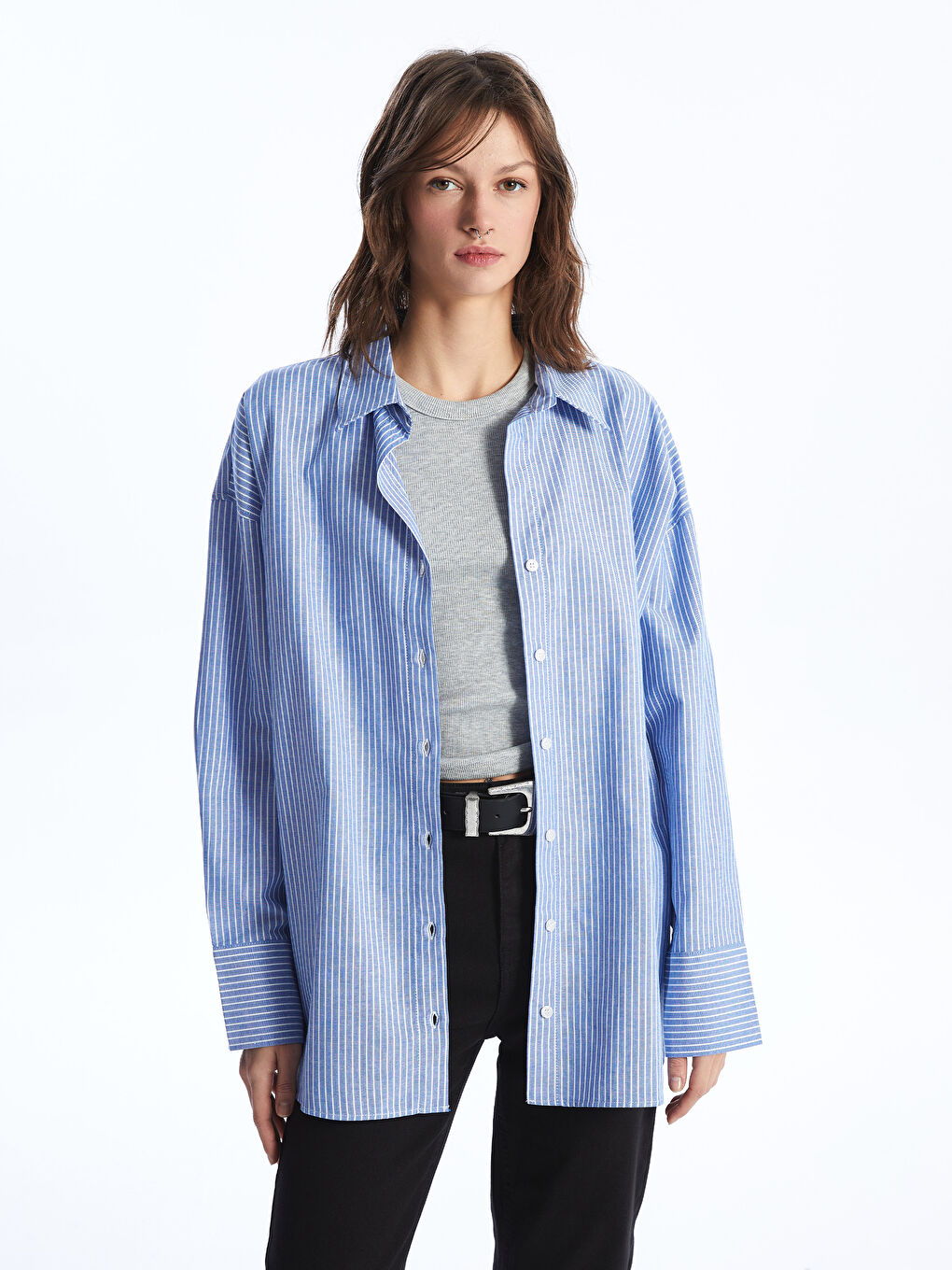 Mavi Çizgili Oversize Poplin Kadın Gömlek-1
