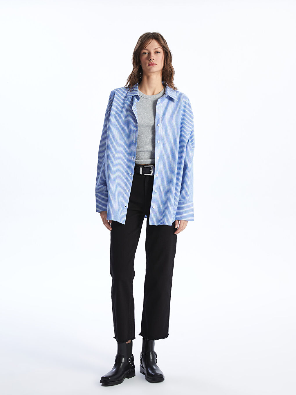 Mavi Çizgili Oversize Poplin Kadın Gömlek-2