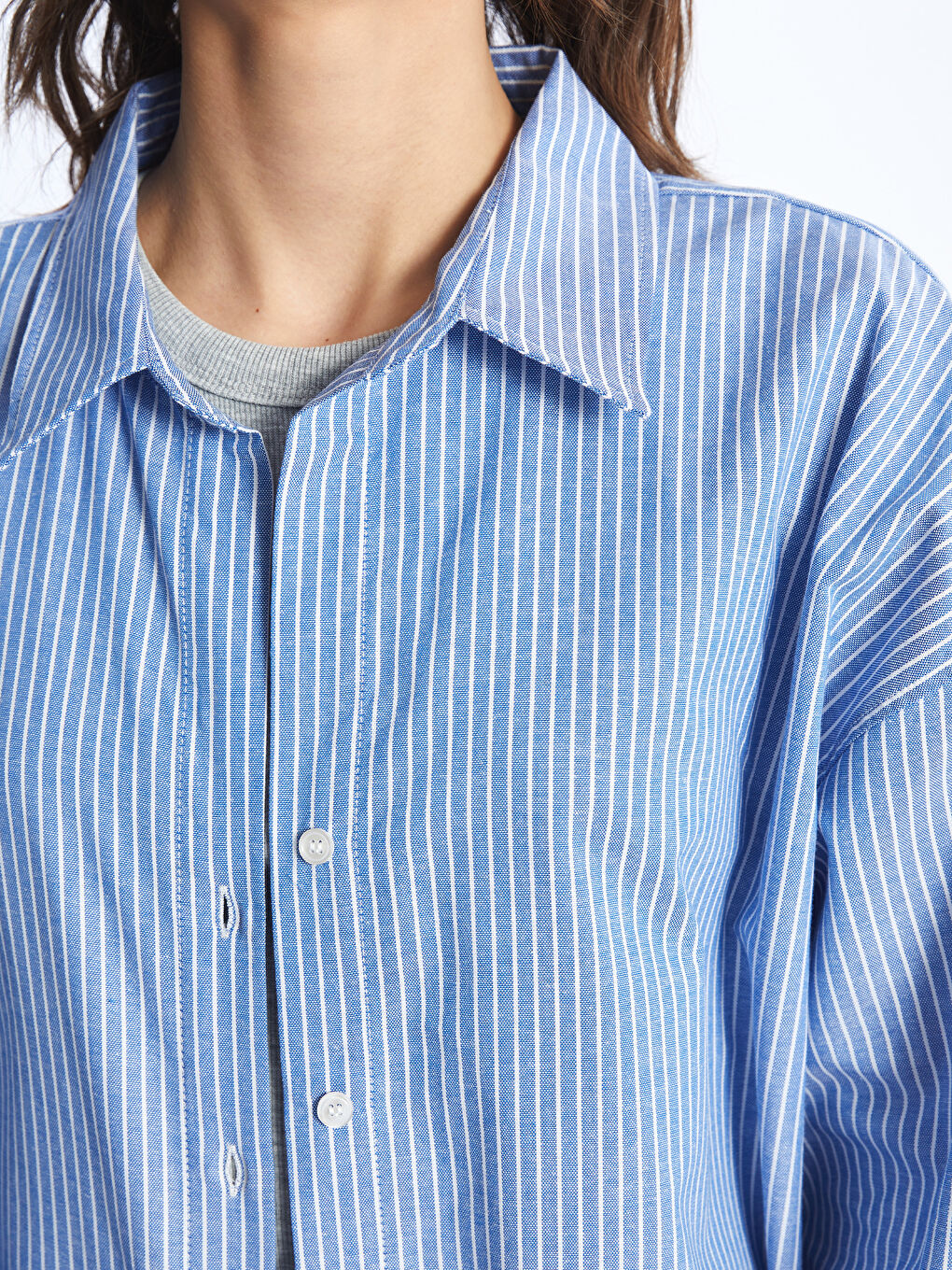 Mavi Çizgili Oversize Poplin Kadın Gömlek-3