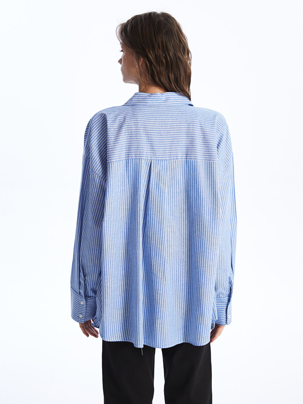 Mavi Çizgili Oversize Poplin Kadın Gömlek-4