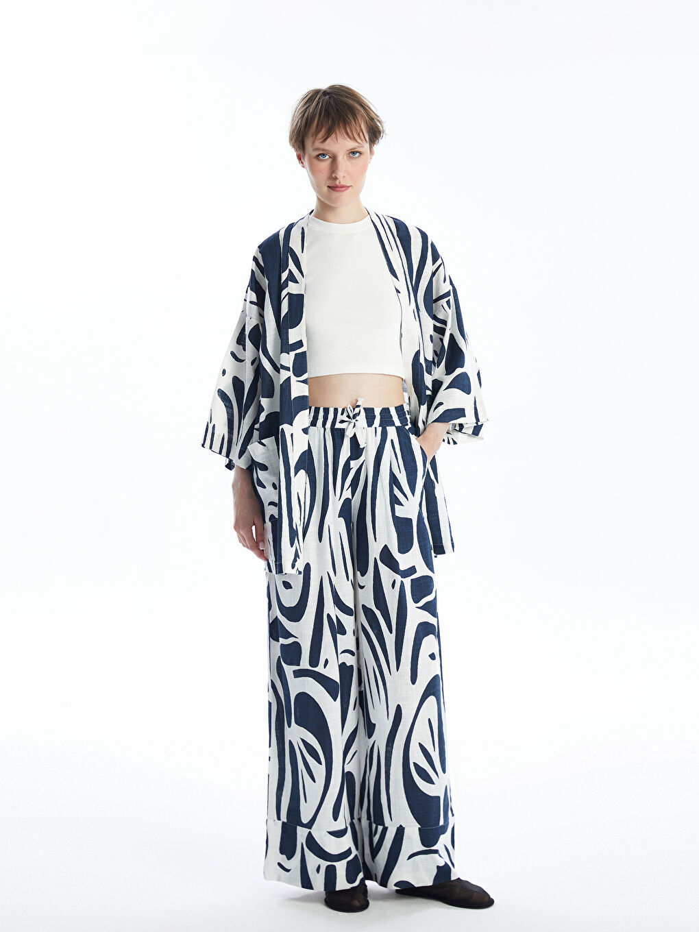 Elasticated Waist Patterned Wide Leg Women's Trousers -S4IL59Z8-LSJ