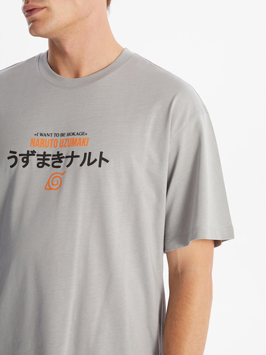 XSIDE Gri Bisiklet Yaka Kısa Kollu Naruto Baskılı Penye Erkek Tişört - 3
